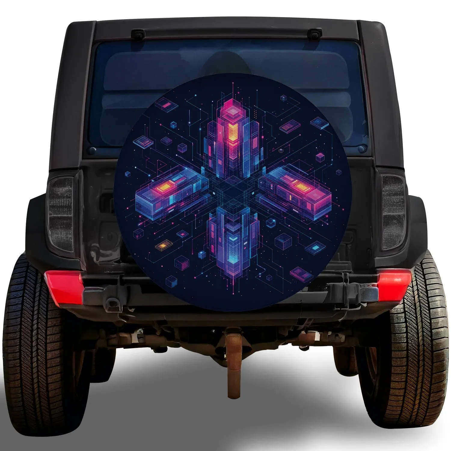 Neon Cyber Geometry for Futuristic Night Driving and Sci Fi Vehicle Enthusiast Style Spare Tire Cover - 1
