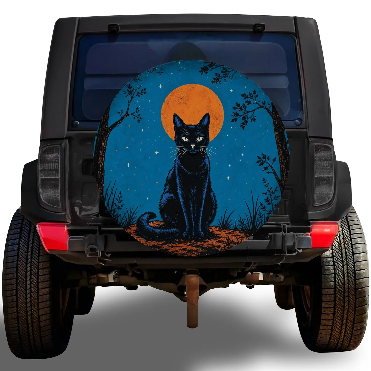 Black Cat And Orange Moon Night Sky For Halloween Camping And Gothic SUV Fans Spare Tire Cover - 1