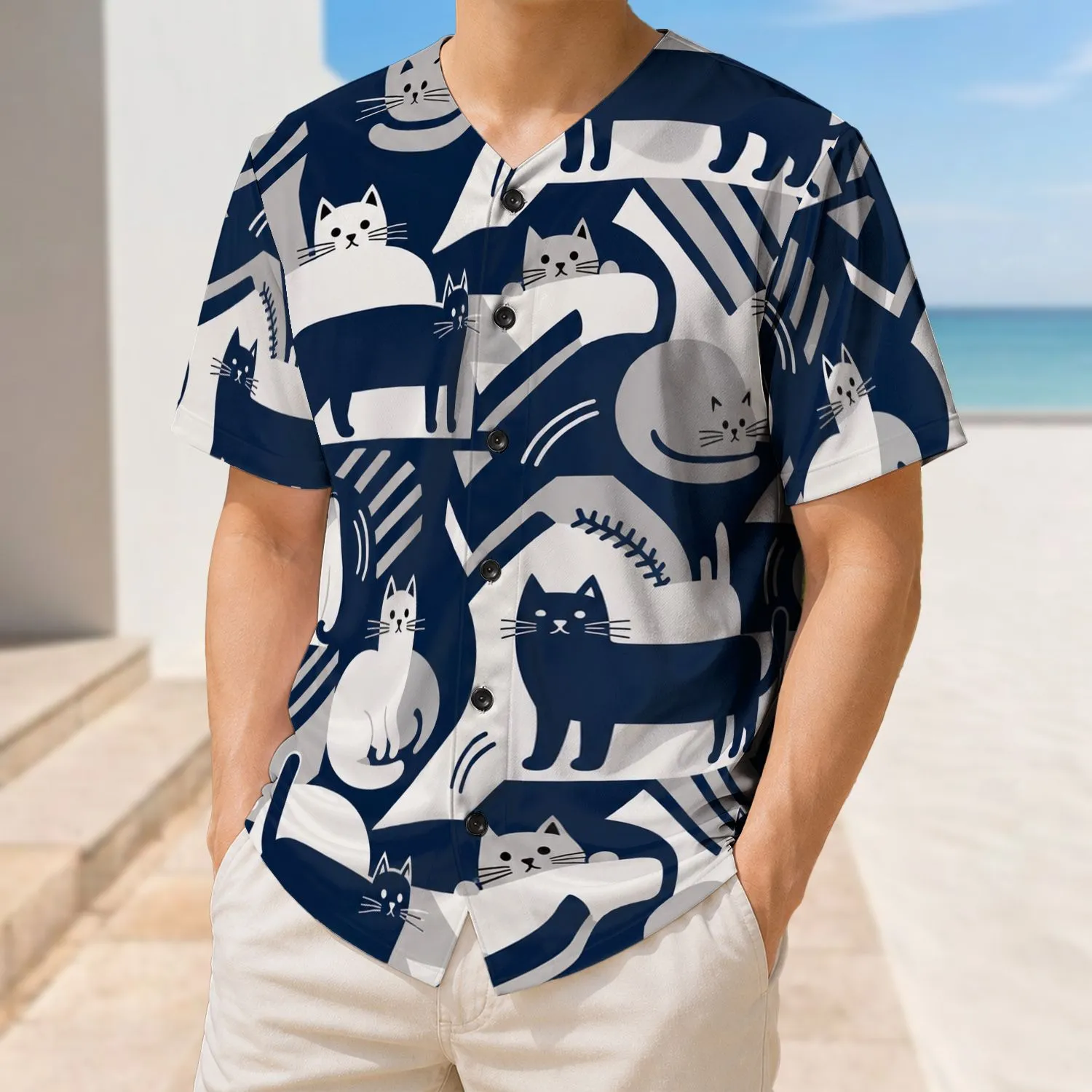 Navy And White Playful Cat Motif For Game Day Streetwear And Casual Everyday Style Baseball Jersey - 1
