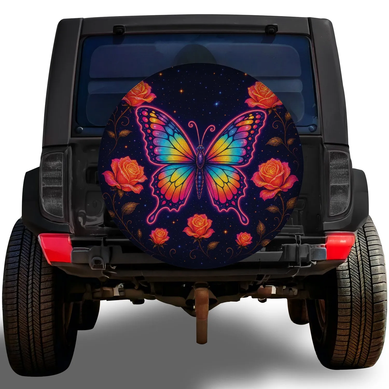 Neon Rainbow Butterfly And Glowing Roses For Midnight Garden Travel Lovers Spare Tire Cover - 1