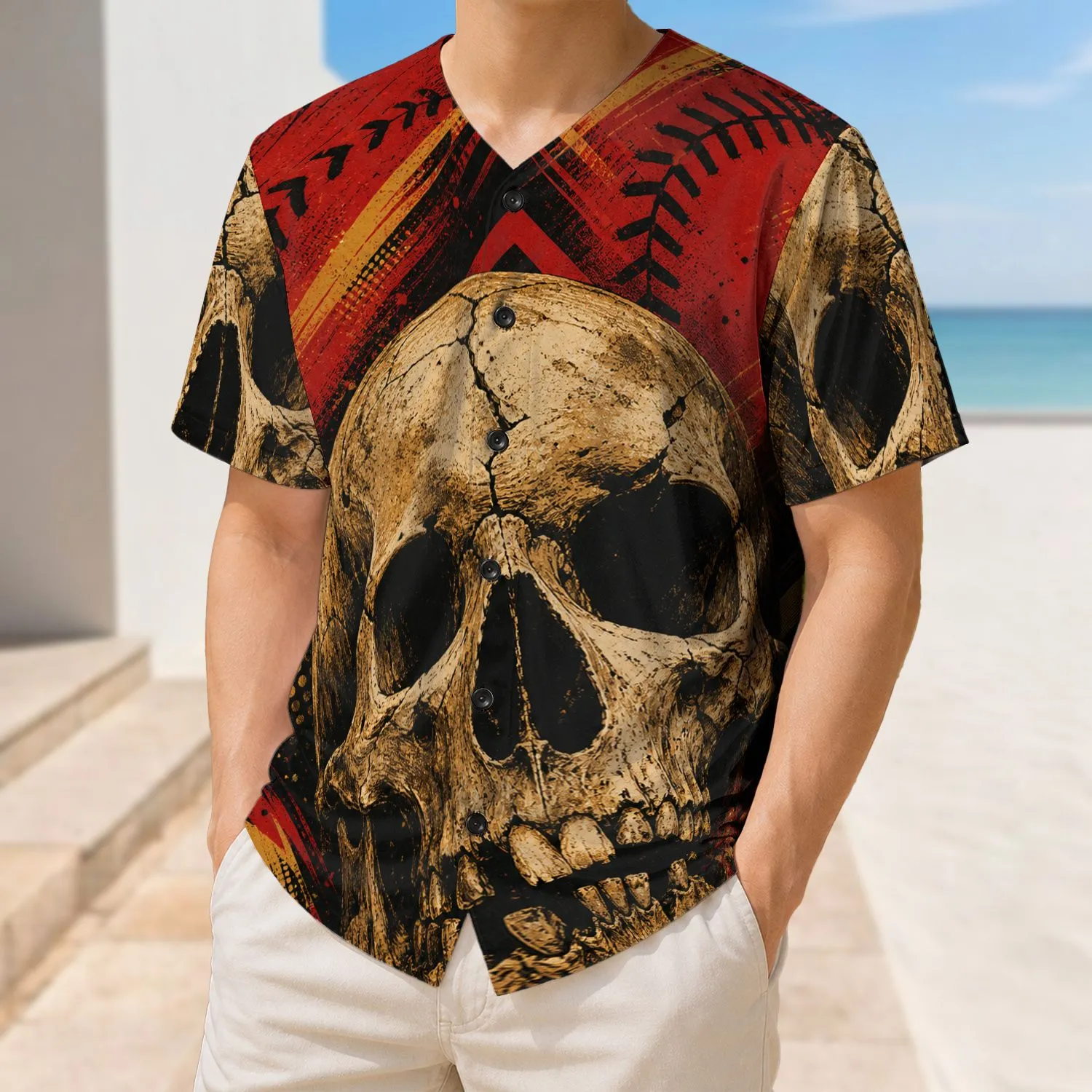Weathered Skull Retro Athletic Style for Game Days, Concerts and Streetwear Fans Baseball Jersey - 1