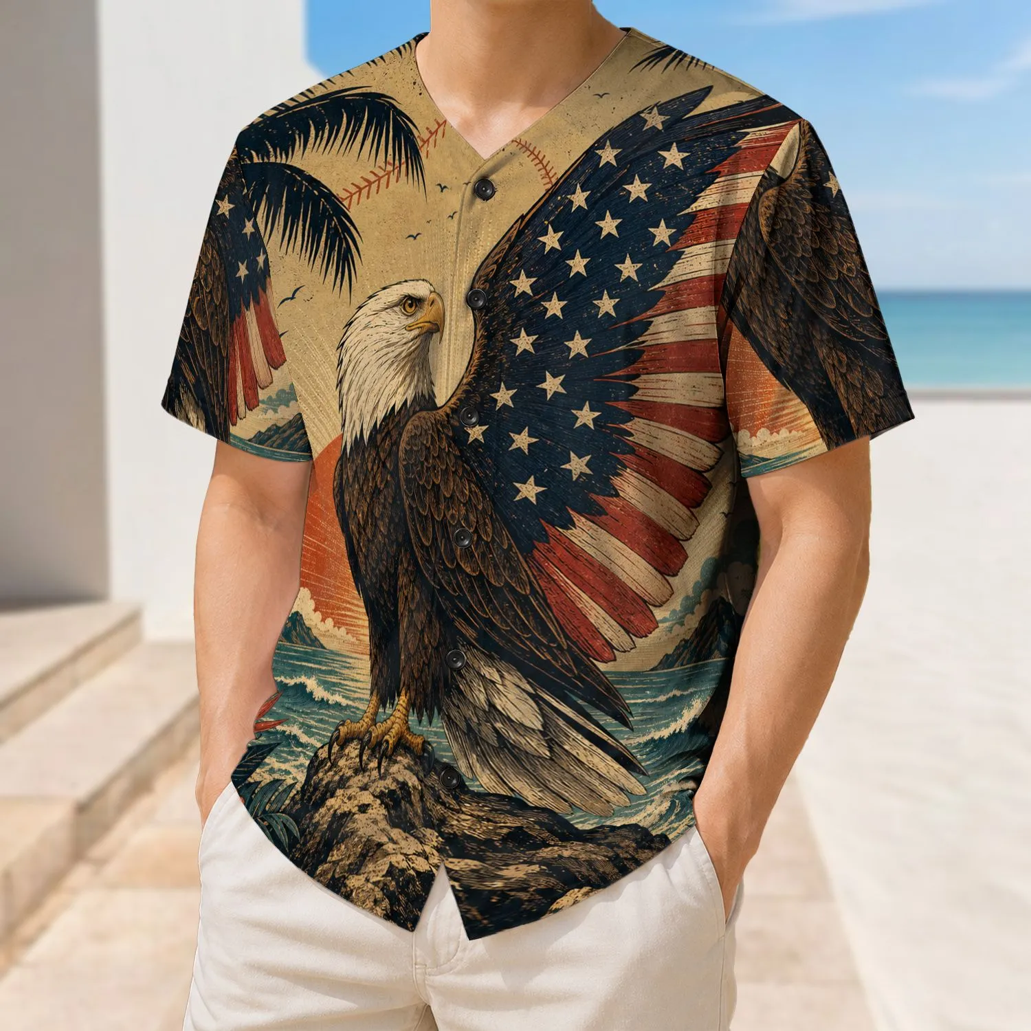 Patriotic Bald Eagle Coastal Flag Art For Beach Travel And Independence Day Fans Baseball Jersey - 1