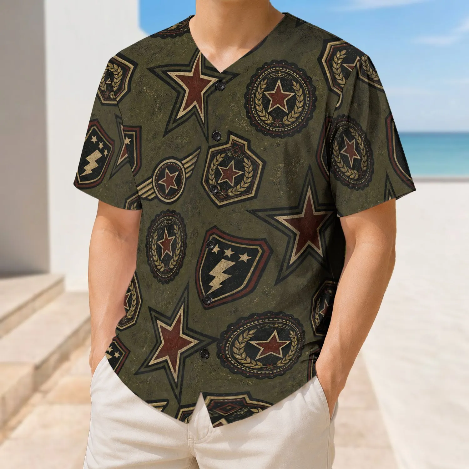 Vintage Military Star And Shield Emblems For Heritage Streetwear And Game Day Style Baseball Jersey - 1