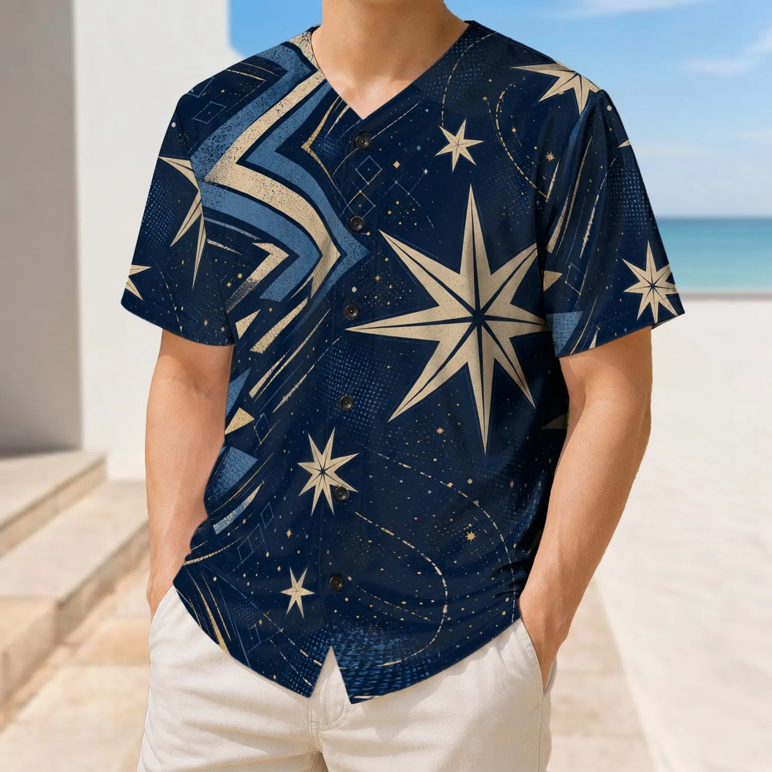Midnight Navy Constellation Stars And Chevron Accents For Athletic Varsity Game Day Style Baseball Jersey - 1
