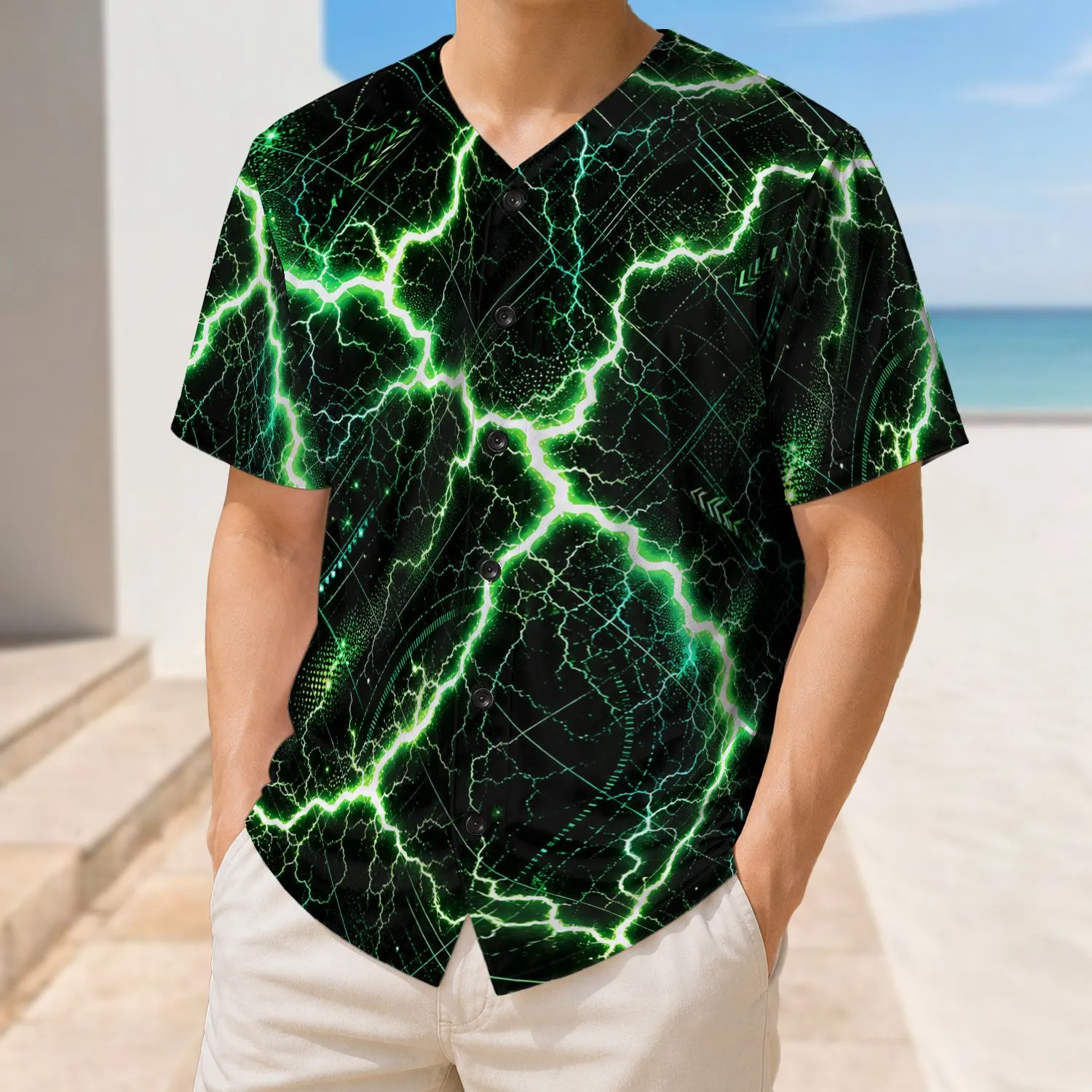 Neon Emerald Lightning Storm for Game Day Training and Streetwear Sports Fans and Athletes Baseball Jersey - 1