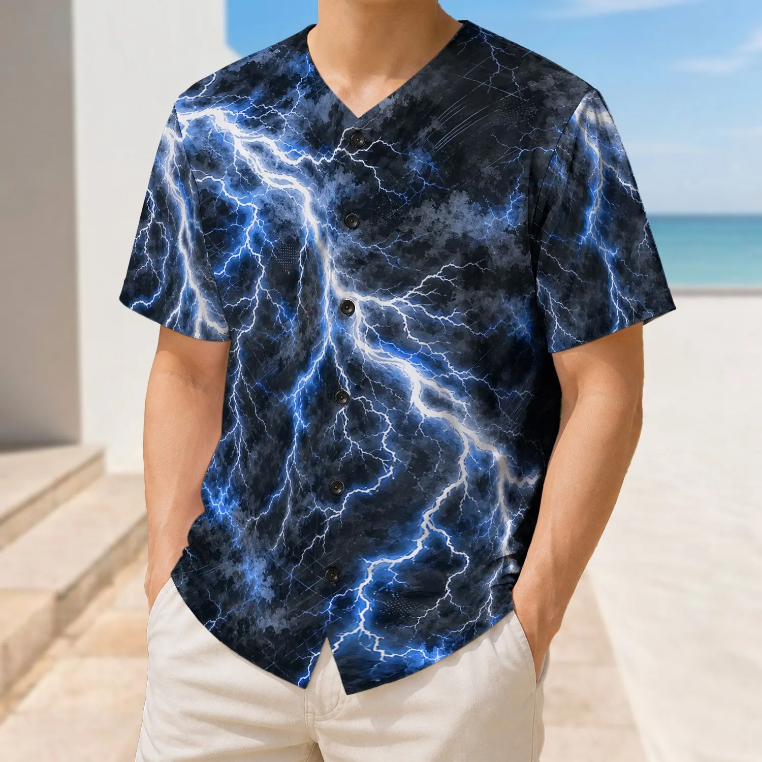 Electric Lightning Storm Clouds for Game Day Streetwear and Night Sports Fan Style Baseball Jersey - 1