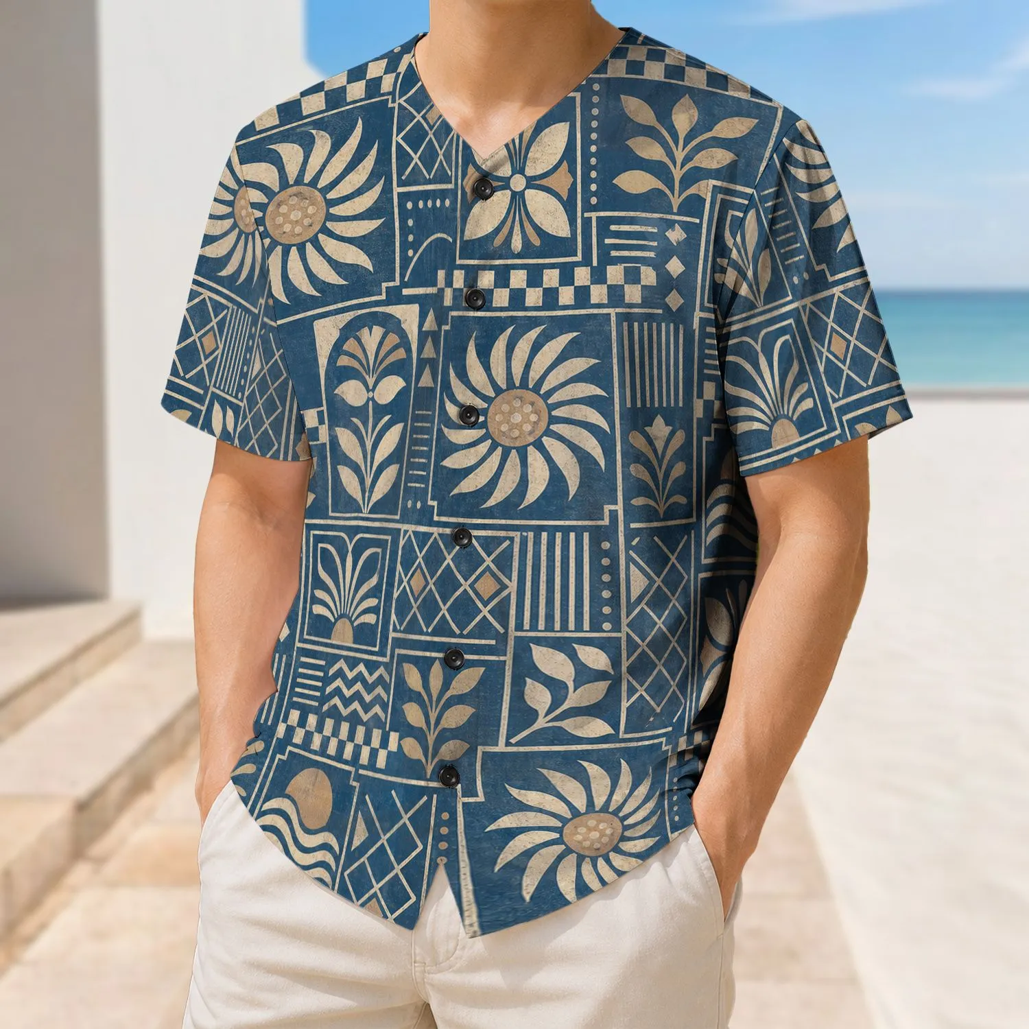 Vintage Slate Blue Floral Tile Motifs For Summer Parties And Retro Streetwear Style Baseball Jersey - 1