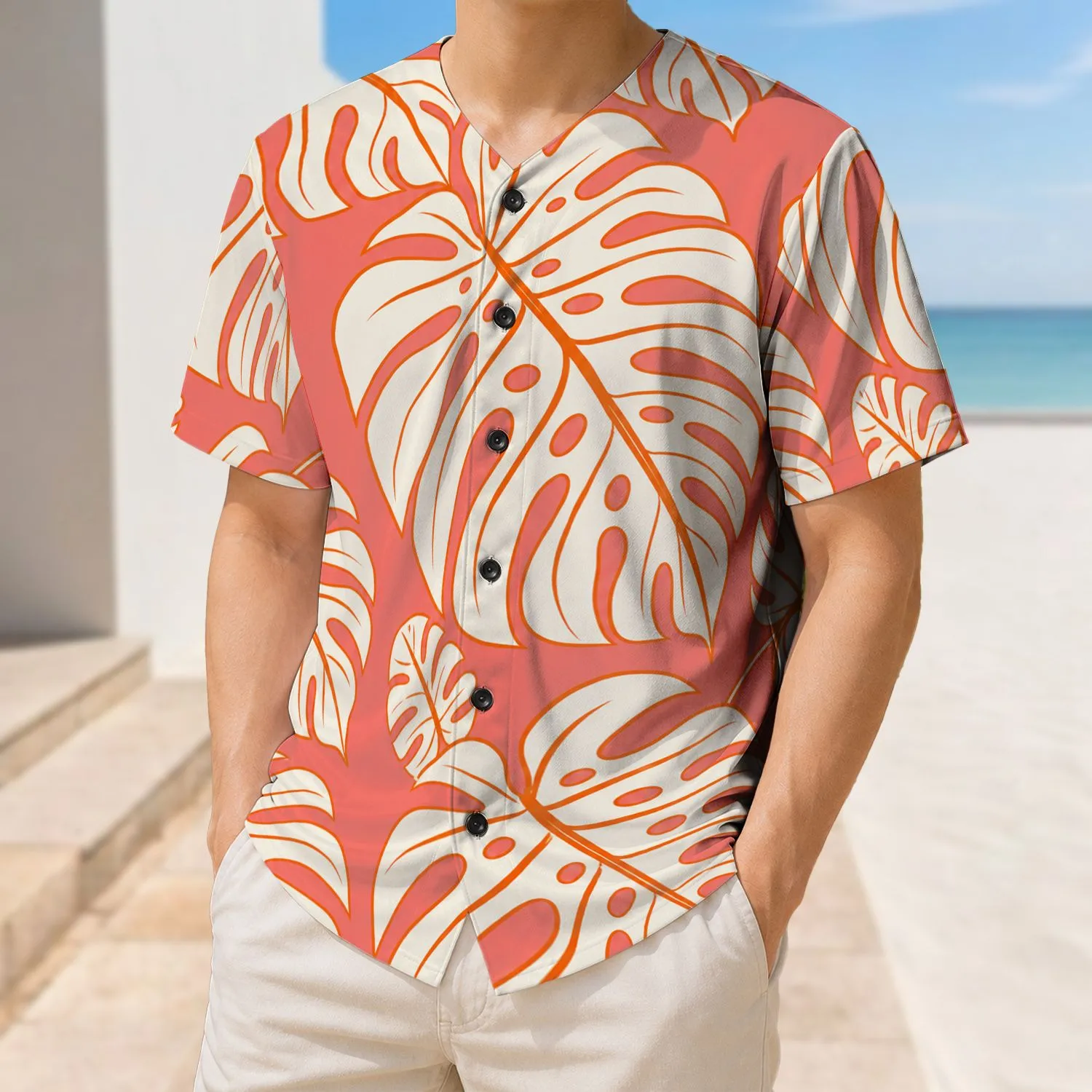 Coral Monstera Leaf Tropical Style For Beach Vacations And Resort Travel For Men Baseball Jersey - 1