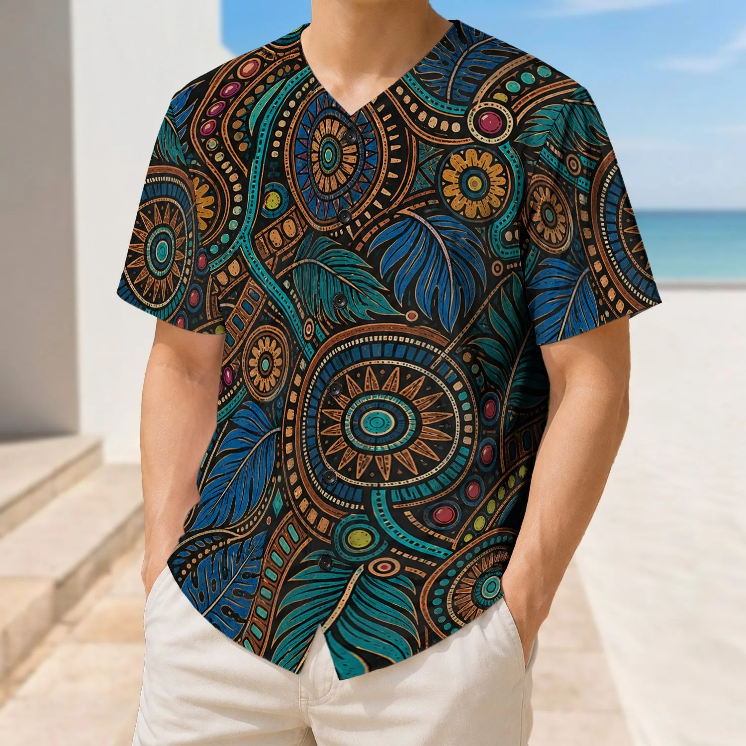 Neo Tribal Botanical Medallions For Retro Streetwear, Festival And Vacation Style Baseball Jersey - 1