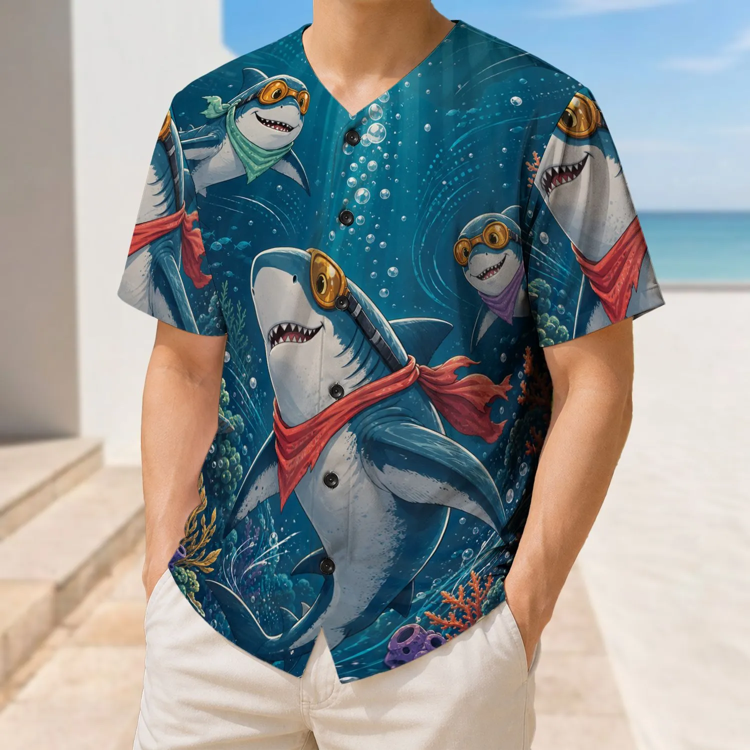 Cartoon Reef Sharks With Dive Goggles For Team Games And Youth Ocean Sports Fans Baseball Jersey - 1