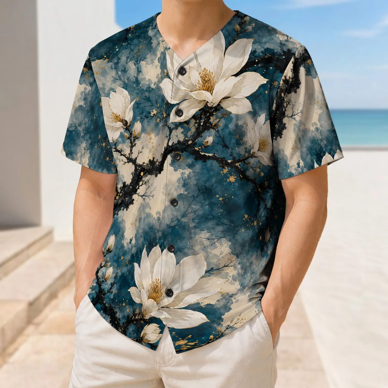 Magnolia Blossom Teal Ink Branches For Garden Parties And East Asian Flower Lovers Baseball Jersey - 1