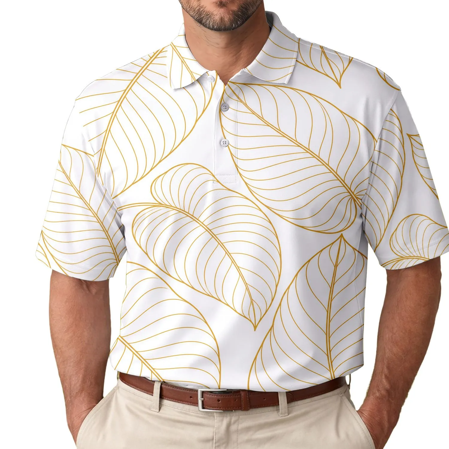 Golden Tropical Leaf Line Art for Resort Golf Travel and Summer Vacation Style for Men Men's Polo Shirt - 1