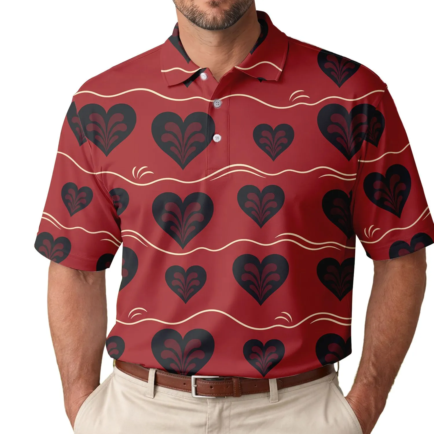 Crimson Red Black Heart And Ivory Wave Motif For Valentine Date Night Casual Wear Men's Polo Shirt - 1