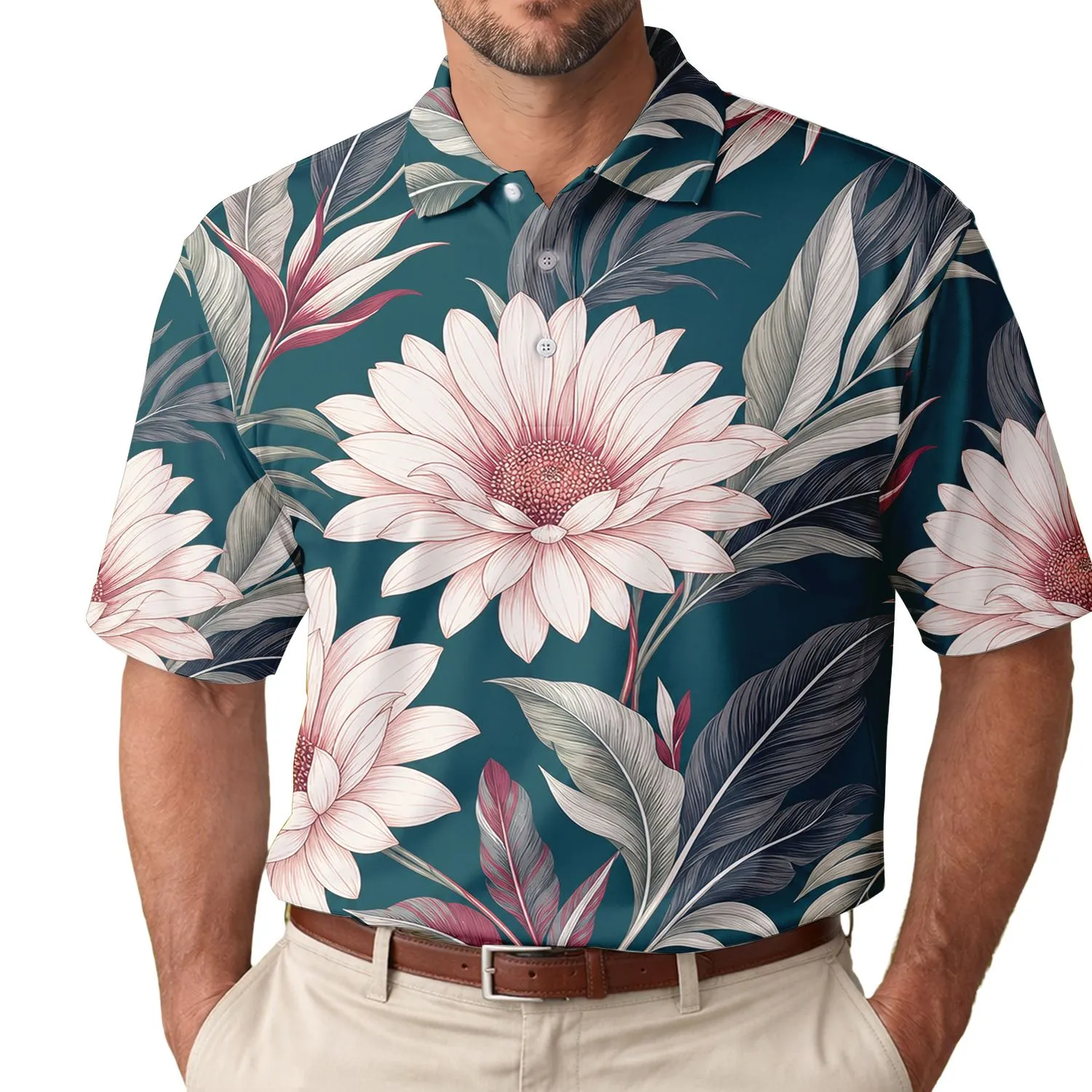 Teal Tropical Daisy Floral Resort Style For Summer Beach Vacation Weekend Wear Men Men's Polo Shirt - 1