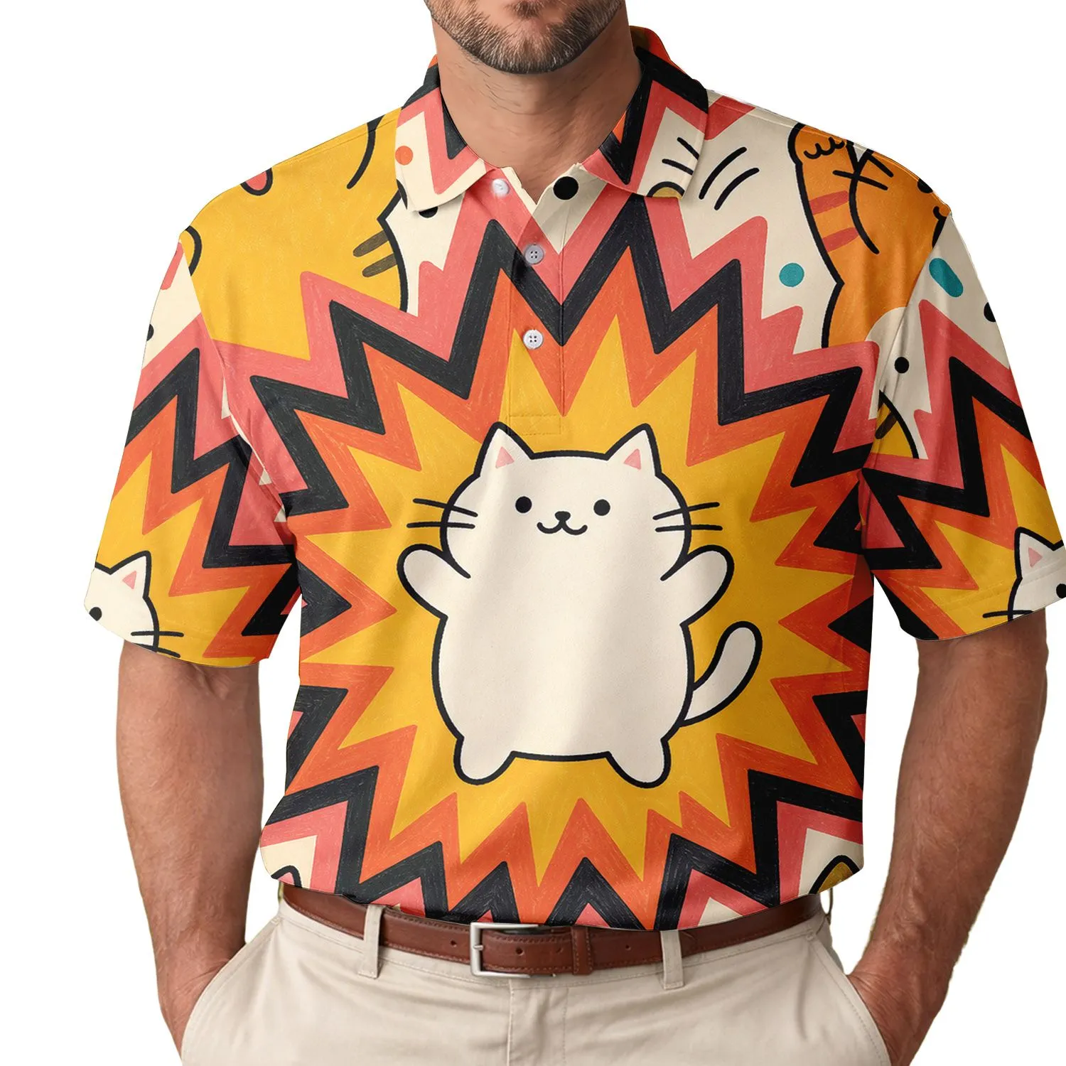 Cute Cartoon Cats Comic Explosion For Parties, Beach Trips And Casual Summer Wear Men's Polo Shirt - 1