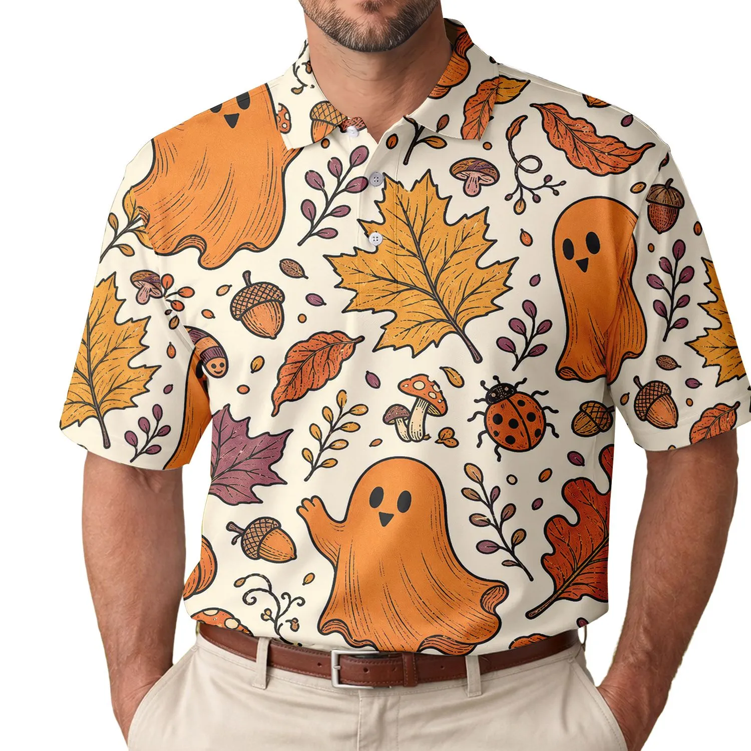 Friendly Ghosts, Pumpkins And Autumn Leaves For Halloween Parties And Fall Outings Men's Polo Shirt - 1