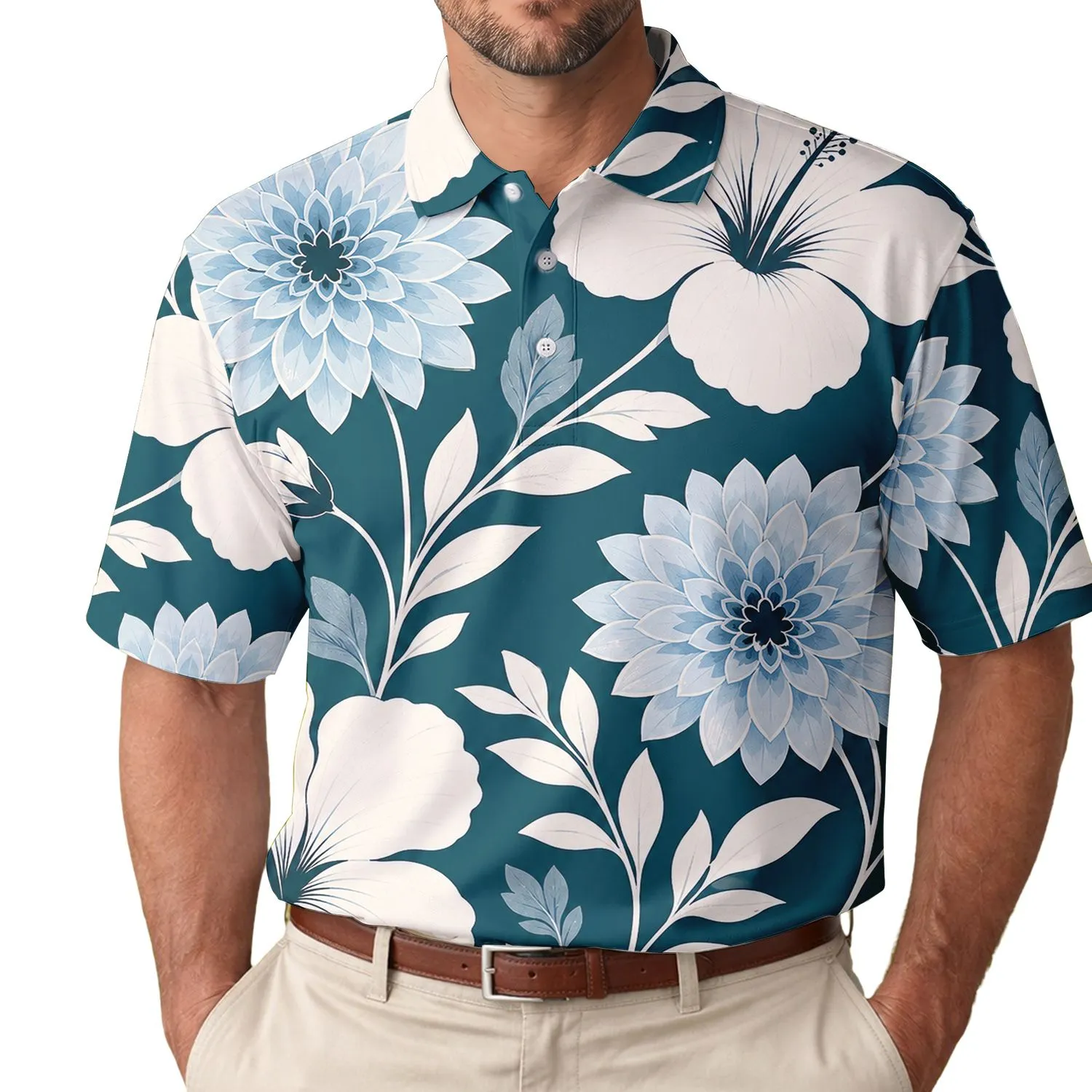 Teal White Hibiscus And Icy Blue Dahlia Tropical Resort Vacation Beach Golf Wear For Men Men's Polo Shirt - 1