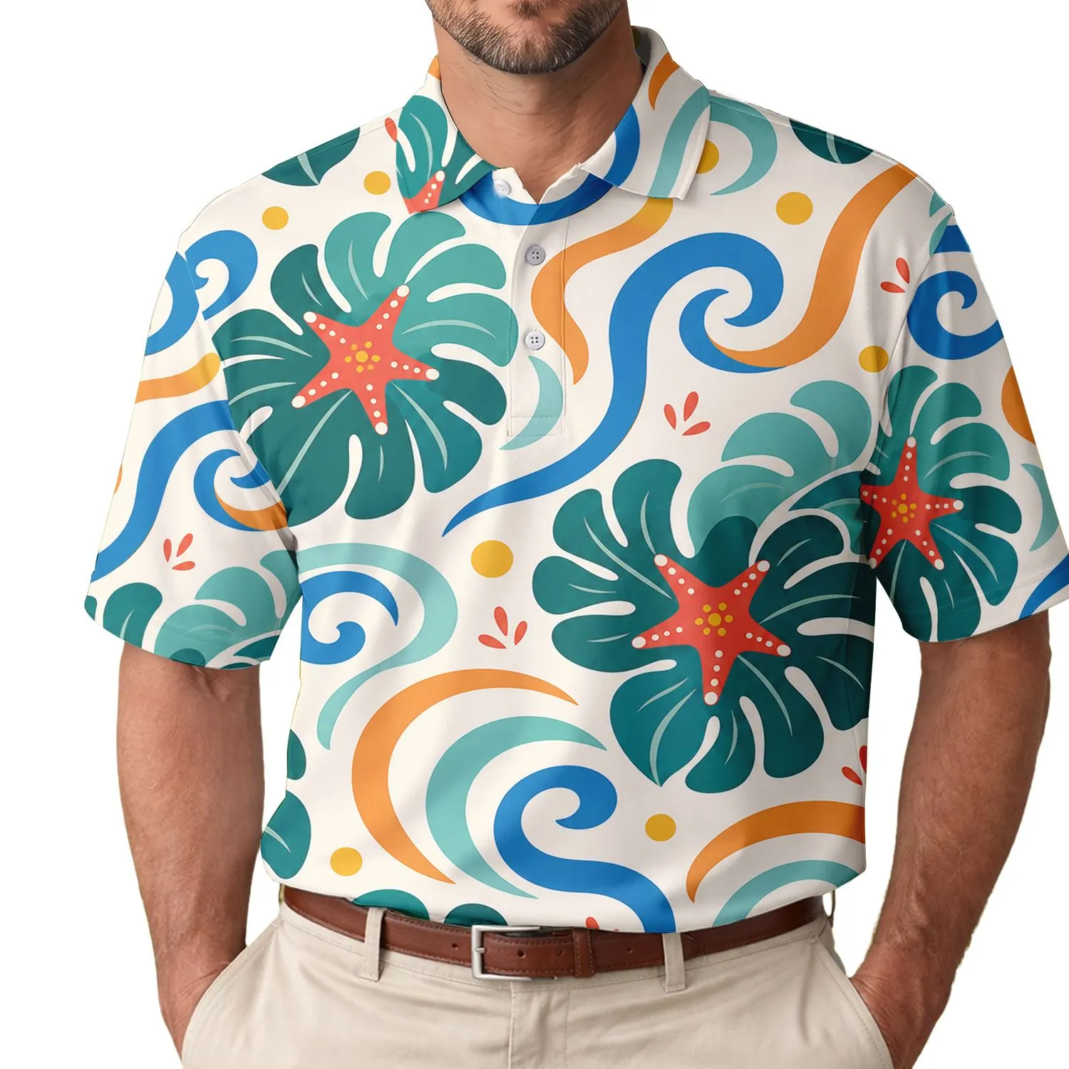 Tropical Starfish Monstera Wave Motifs For Summer Beach Vacation Travel Style Men Men's Polo Shirt - 1