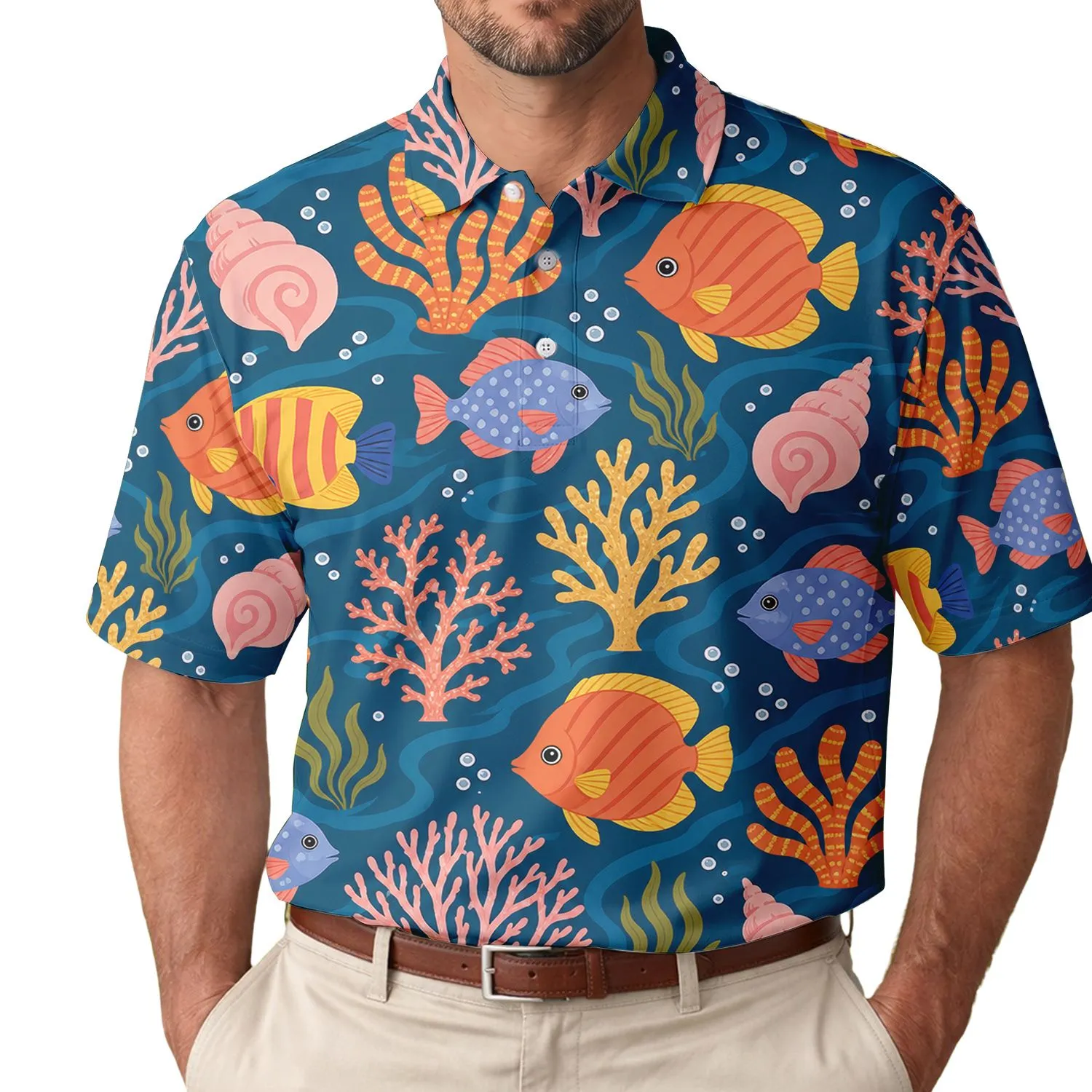 Colorful Tropical Fish Coral Seashell Ocean Motifs for Beach Vacation Resort Wear Men Men's Polo Shirt - 1