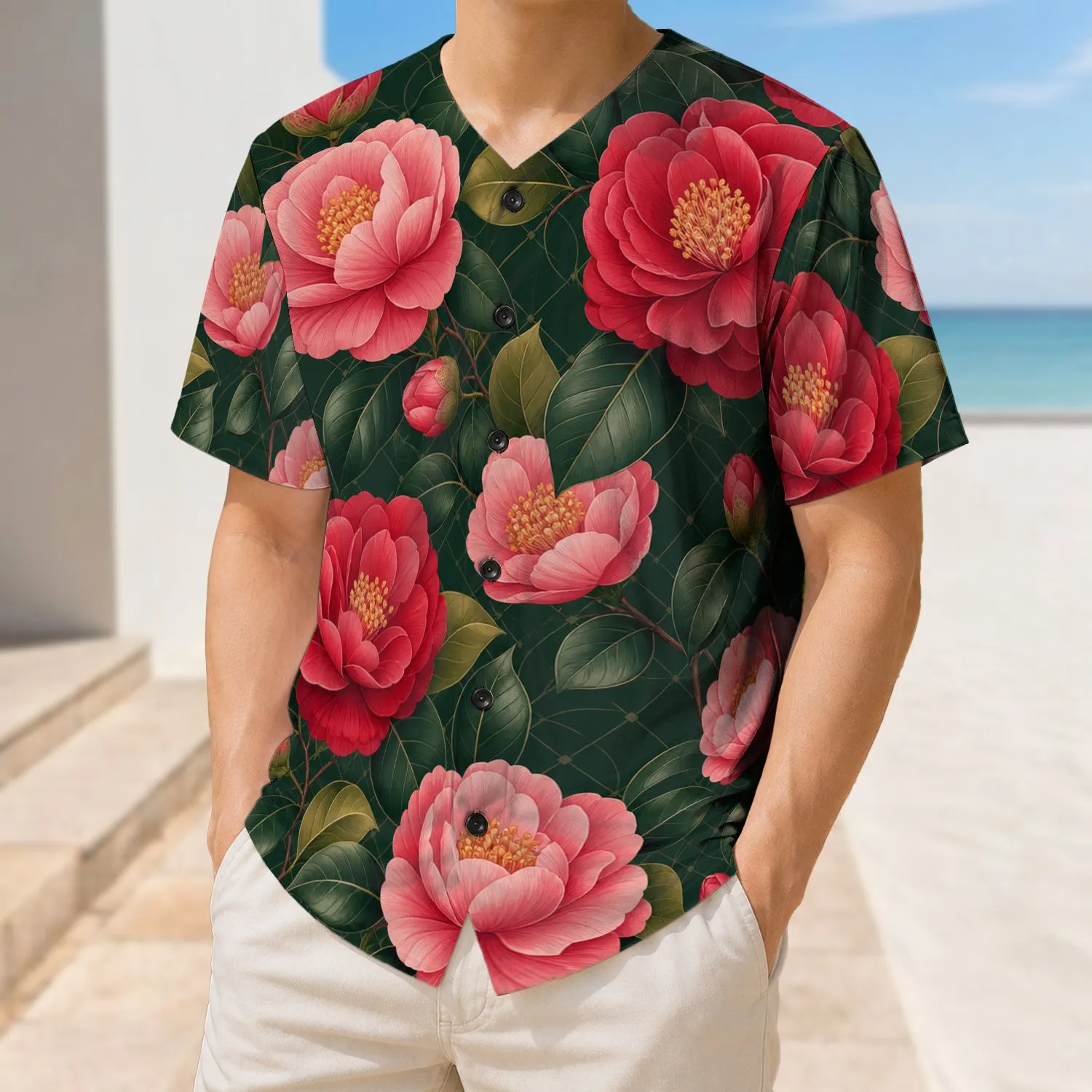 Camellia Floral Forest Green Athletic Style For Garden Parties, Travel And Weekend Wear Baseball Jersey - 1