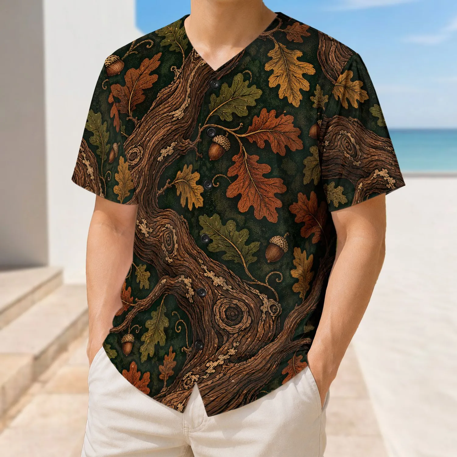 Autumn Oak Tree Limbs And Acorns For Woodland Hikes Campers And Casual Outdoor Wear Baseball Jersey - 1