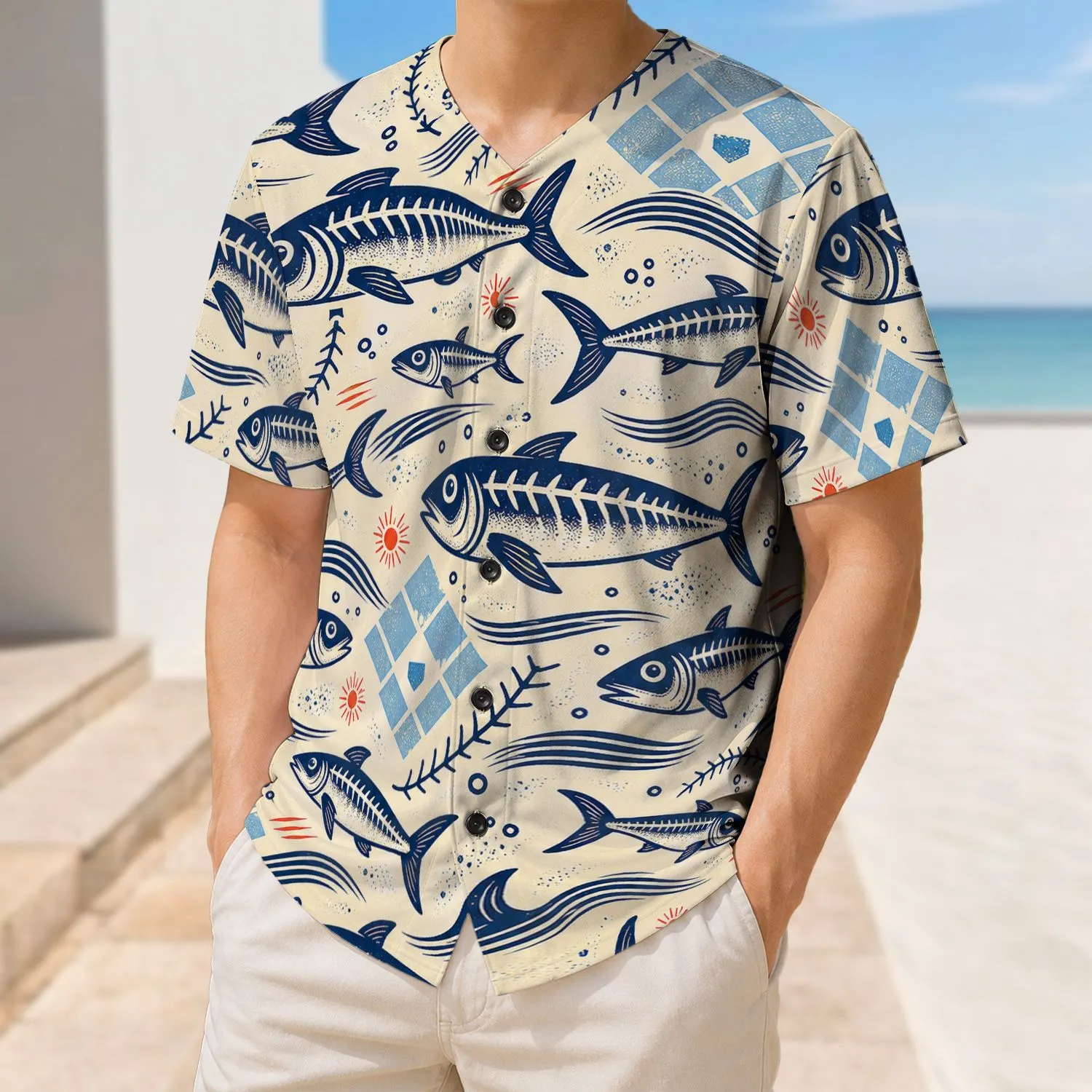 Retro Sardine Coastal Athletic Seam Motif For Beach Games And Casual Sports Fans Baseball Jersey - 1