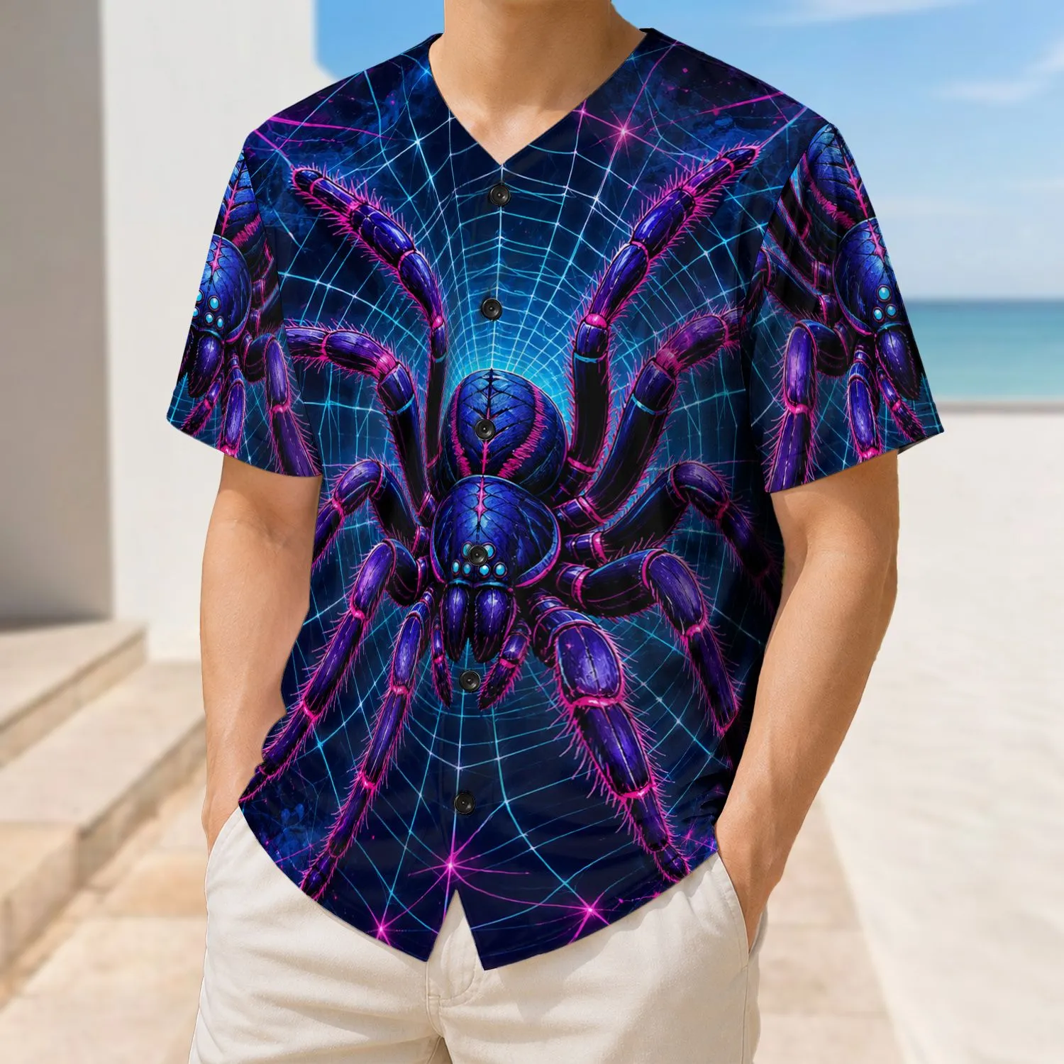 Neon Cyberpunk Tarantula Spiderweb for Halloween Raves and Gothic Streetwear Fans Baseball Jersey - 1