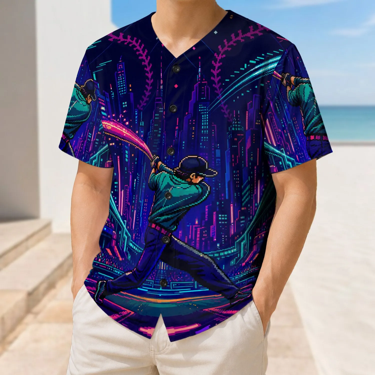 Neon Cyberpunk Batter Night City Scene For Retro Arcade Game Fans Streetwear Baseball Jersey - 1