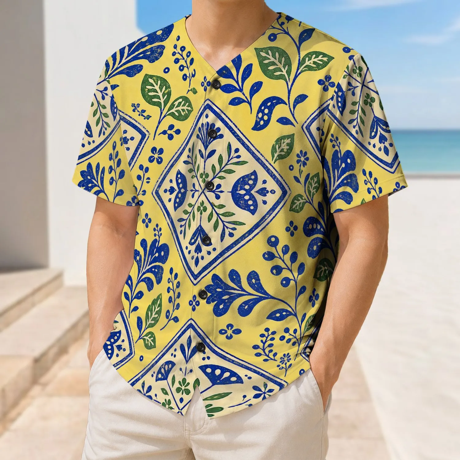 Cobalt Folk Floral Medallions for Summer Festivals, Garden Parties and Casual Wear Baseball Jersey - 1