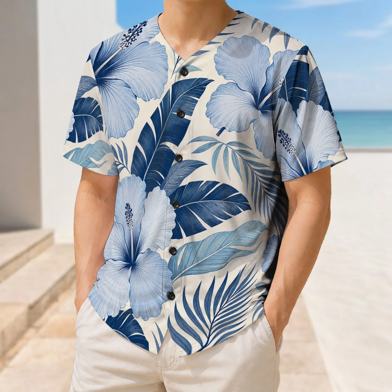 Blue Hibiscus And Palm Leaves for Beach Vacations, Resort Travel, and Summer Casual Wear Baseball Jersey - 1