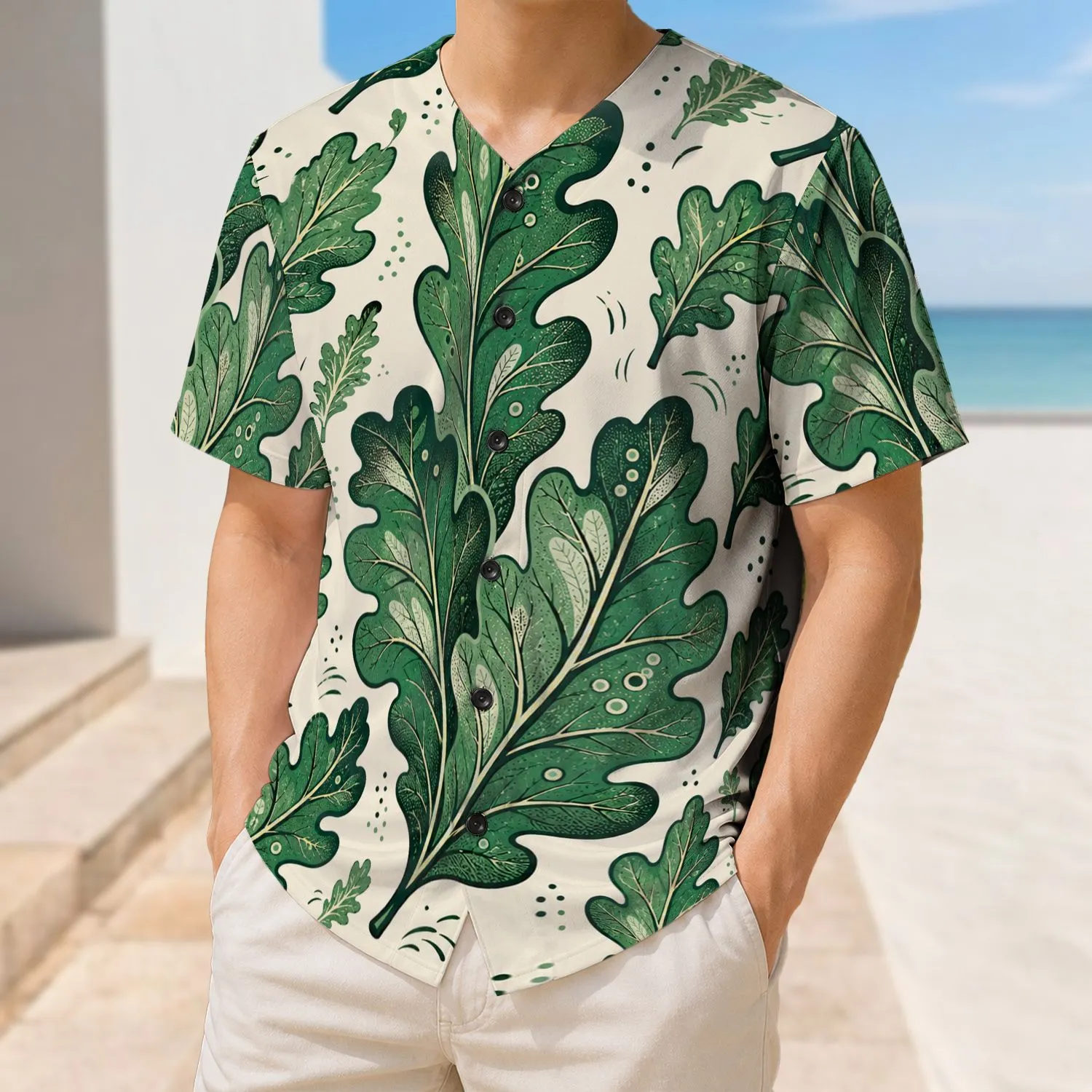 Green Oak Leaf Botanical All Over Casual Outdoor Game Day Wear For Nature Lovers Baseball Jersey - 1