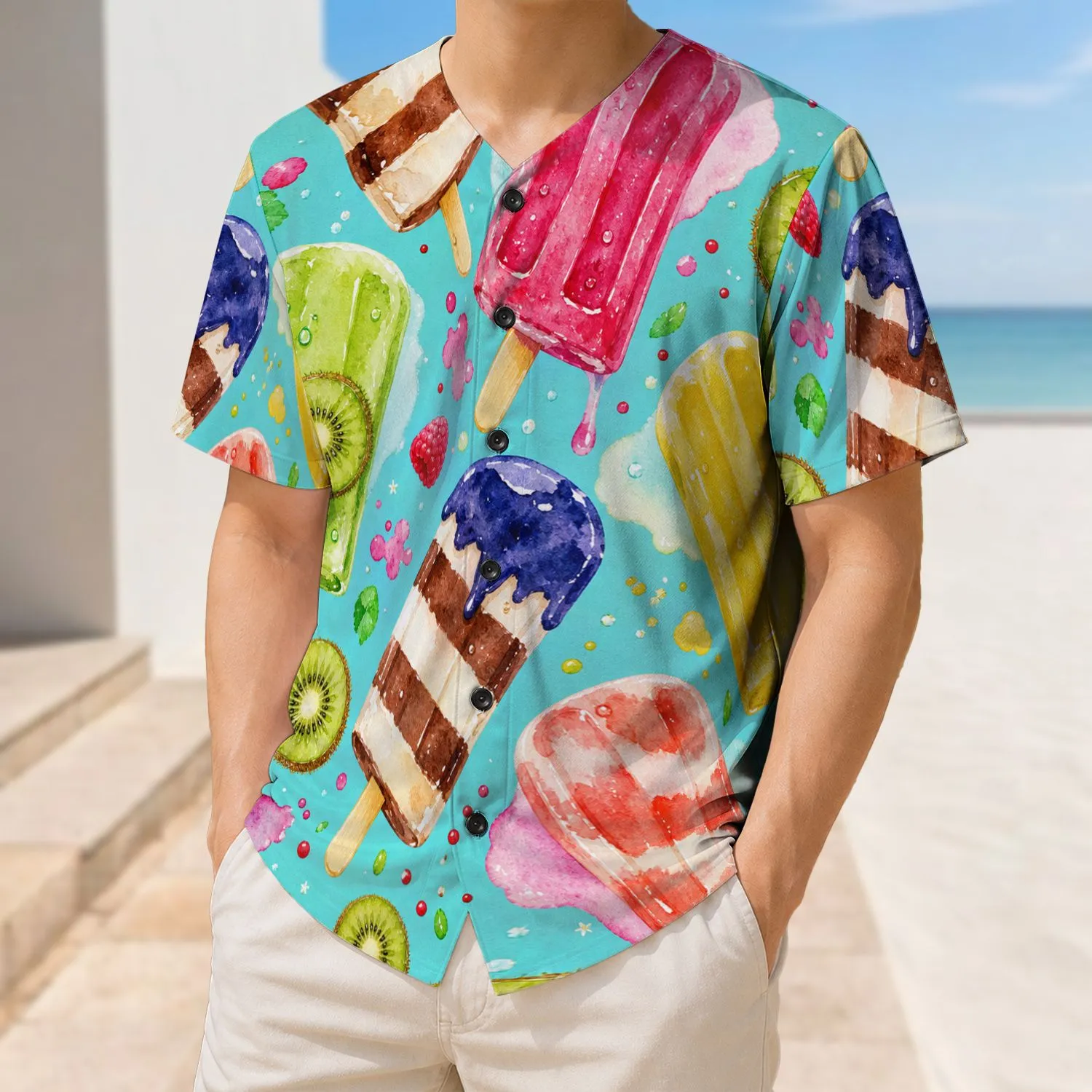 Watercolor Ice Pops And Kiwi Slices For Summer Beach Days, Pool Parties And Vacation Fun Baseball Jersey - 1