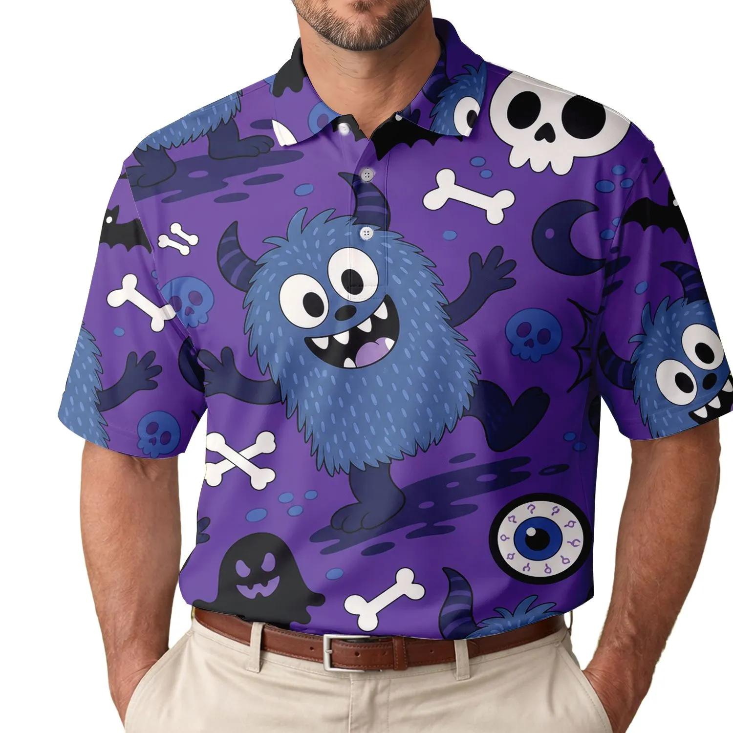 Spooky Cute Blue Monsters Skulls And Bats For Halloween Parties And Casual Outfits Men's Polo Shirt - 1