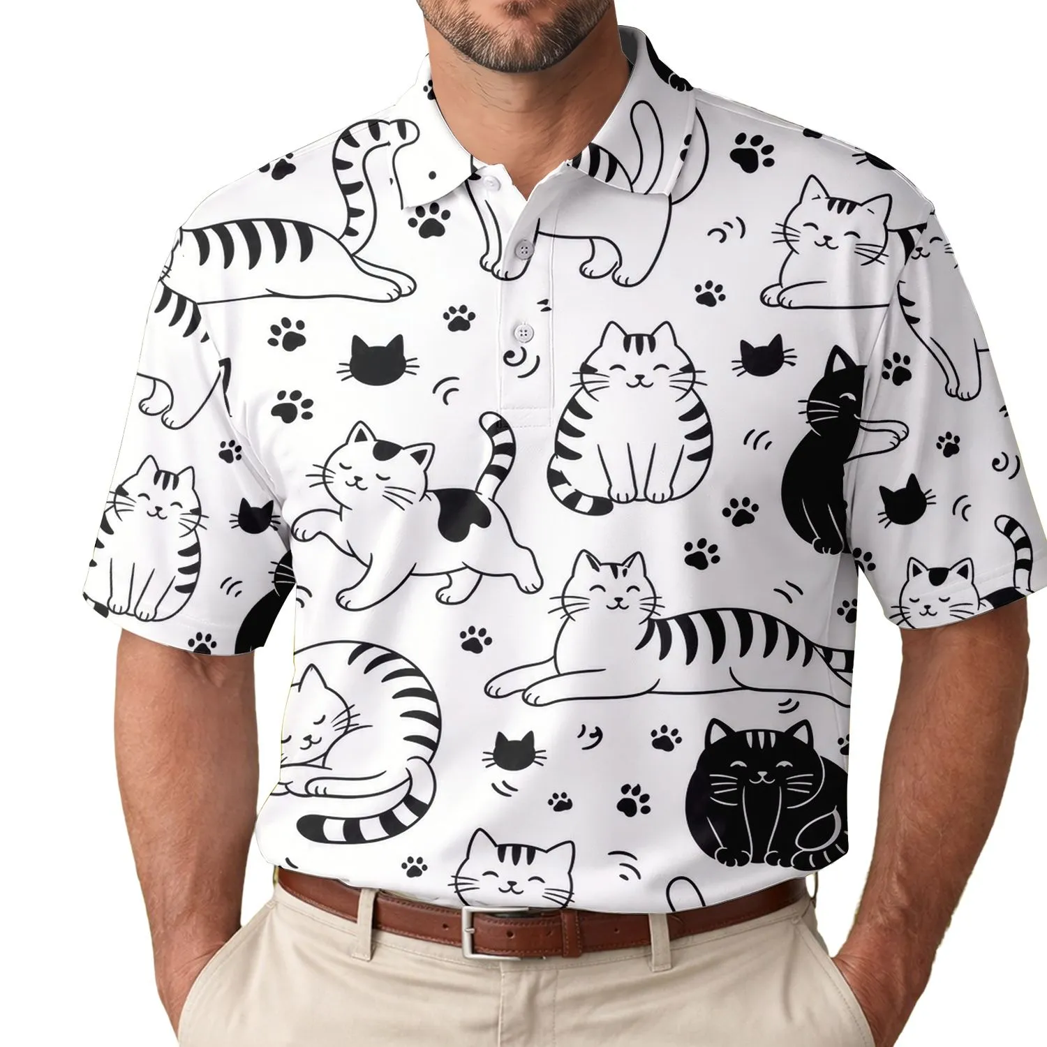 Monochrome Cat Doodle Motif For Casual Summer Outfits, Beach Days And Cat Lovers Men's Polo Shirt - 1