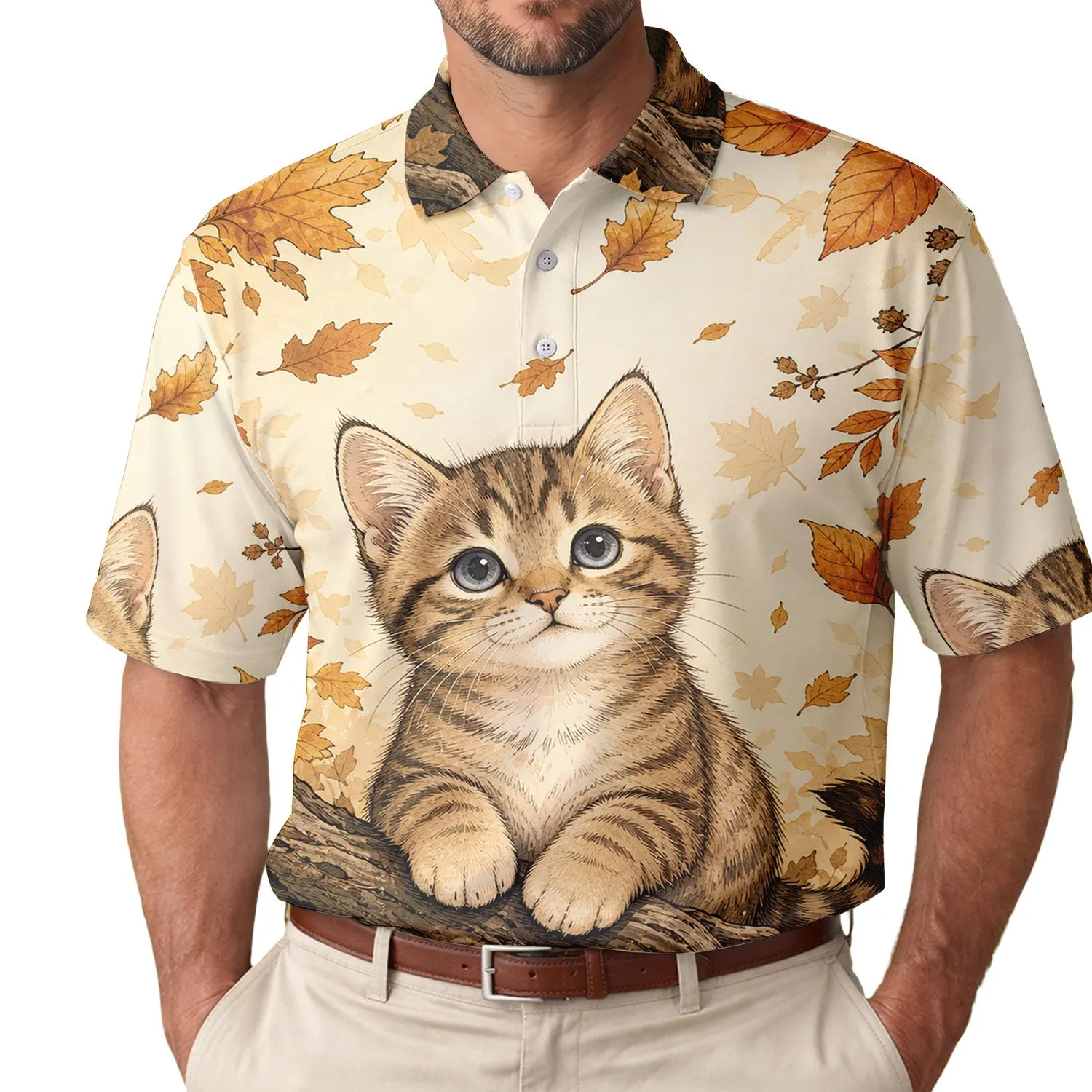 Blue Eyed Tabby Kitten Autumn Leaves Tree Trunk Cozy Fall Weekend Wear for Cat Lovers Men's Polo Shirt - 1