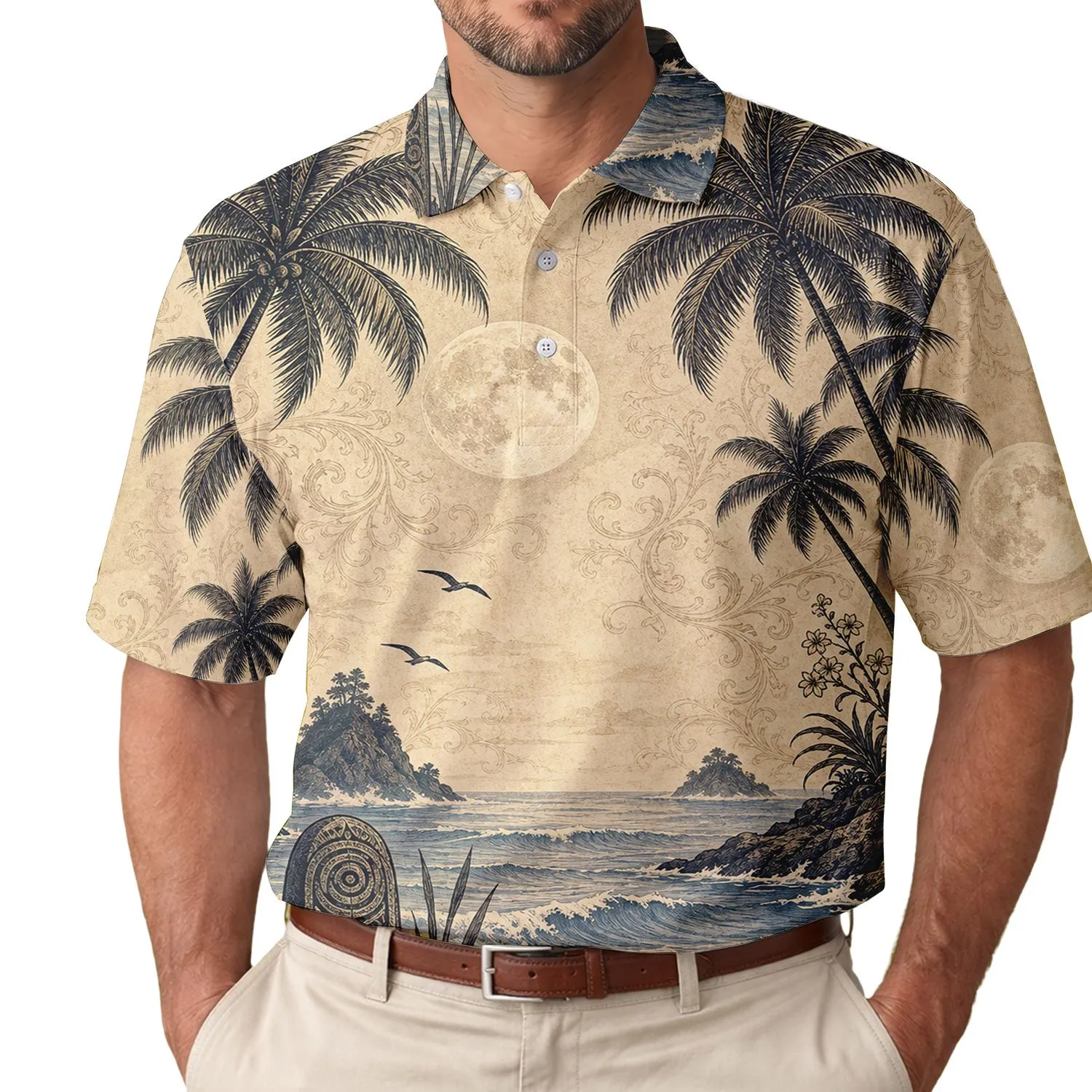 Moonlit Tropical Palm Shoreline With Stone Marker For Beach Vacation Resort Wear Men's Polo Shirt - 1