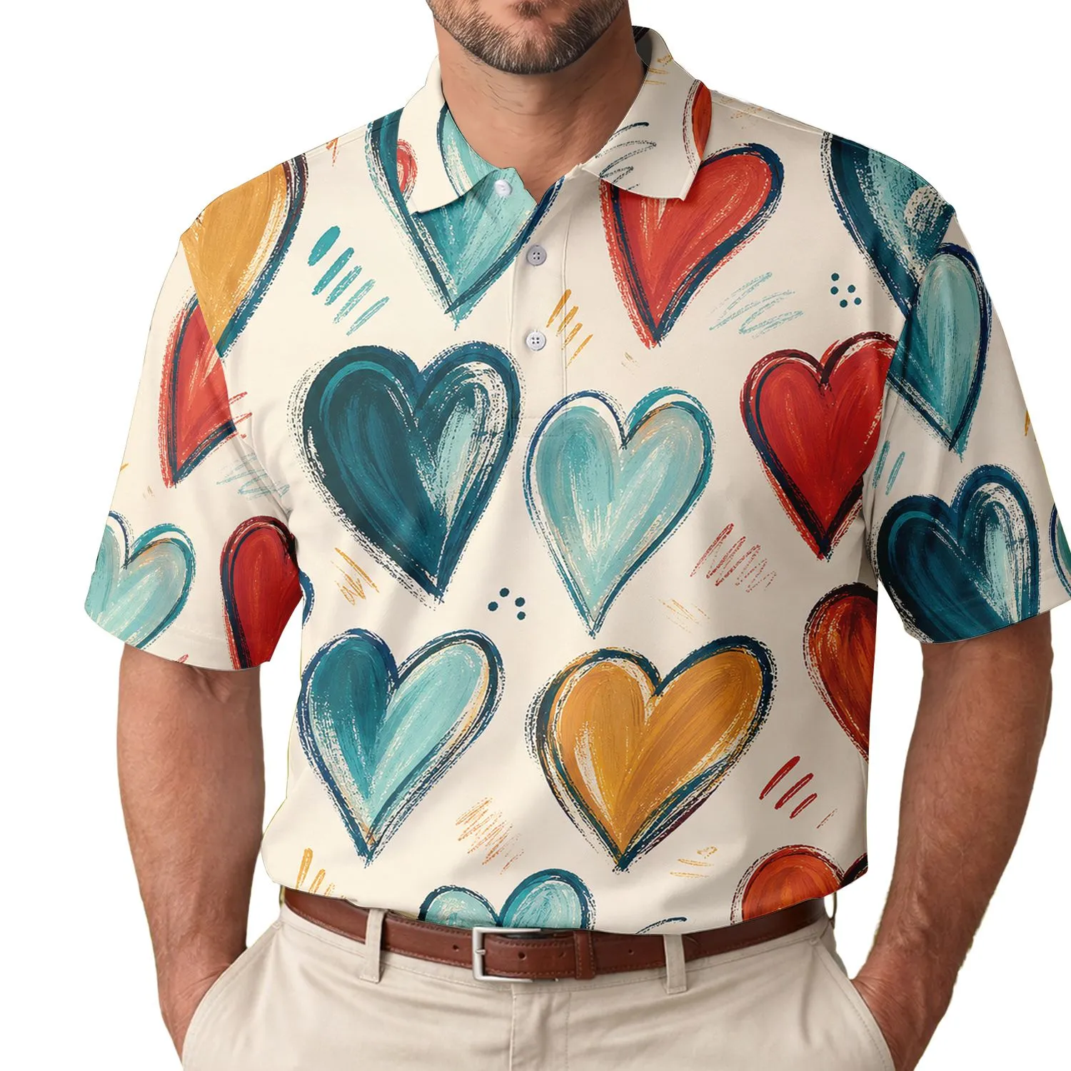 Colorful Hand Painted Hearts for Valentine's Day Casual Wear Gifts for Women and Men Men's Polo Shirt - 1
