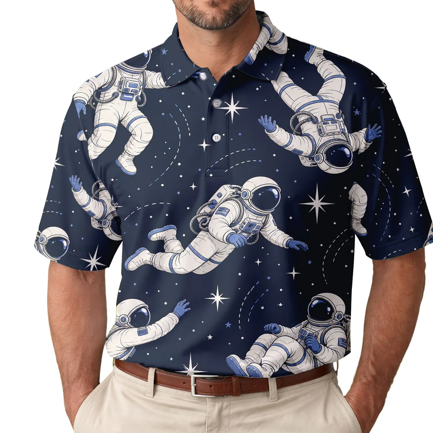 Floating Astronaut Starbursts for Retro Space Style, Casual Outings and Travel for Men Men's Polo Shirt - 1