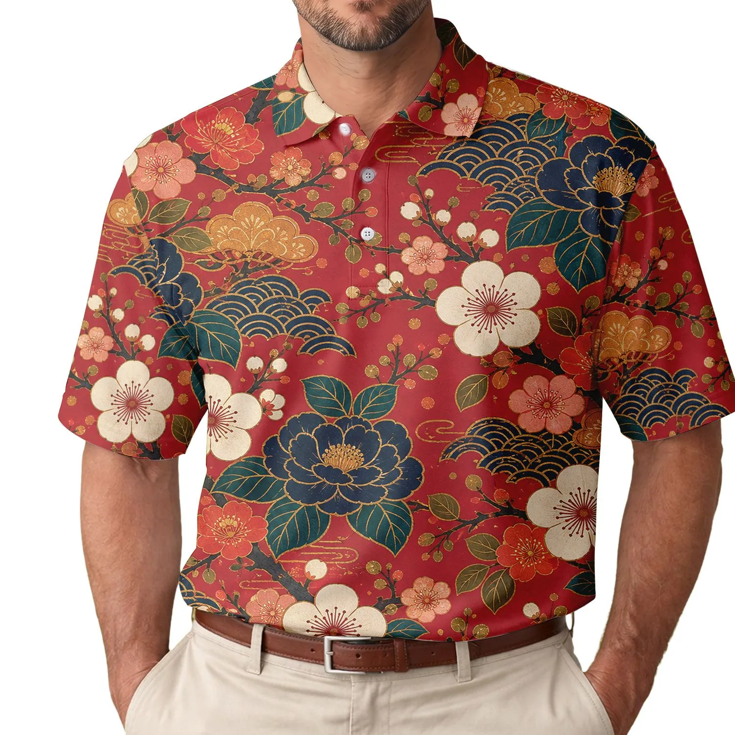 Japanese Plum Blossom Floral Garden for Resort Wear and Summer Travel Trips for Women Men's Polo Shirt - 1