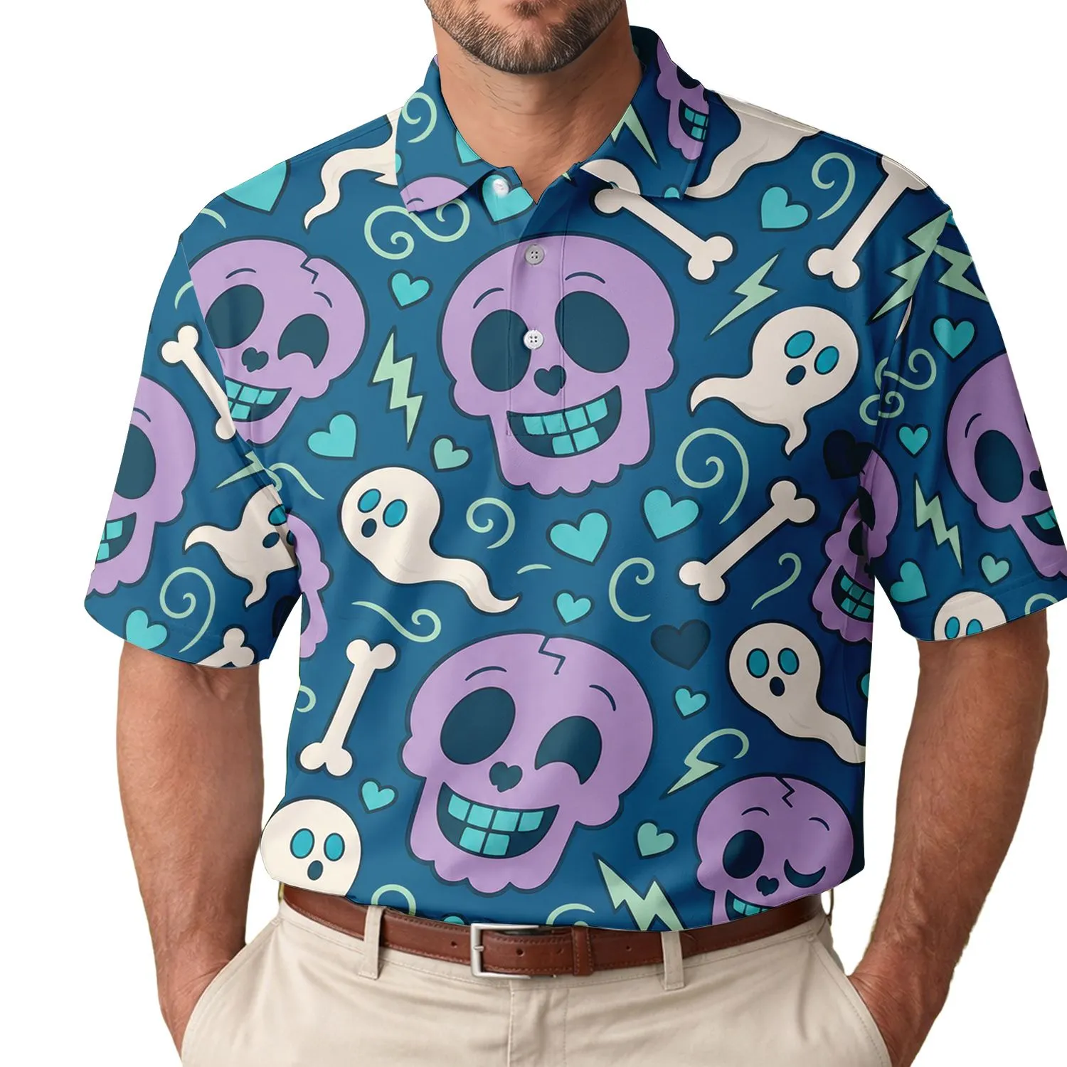 Spooky Cute Skull Ghost Halloween Style For Parties, Festivals And Goth Streetwear Fans Men's Polo Shirt - 1