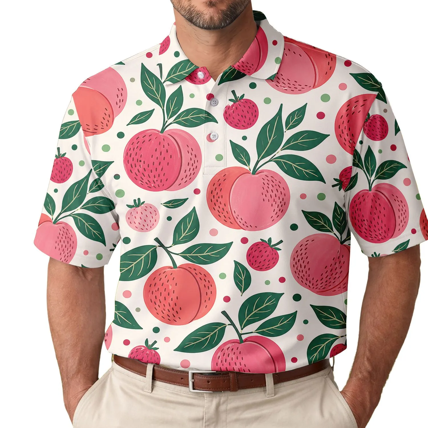 Peach And Berry Botanical Motif For Resort Wear, Garden Parties, And Summer Travel Men's Polo Shirt - 1