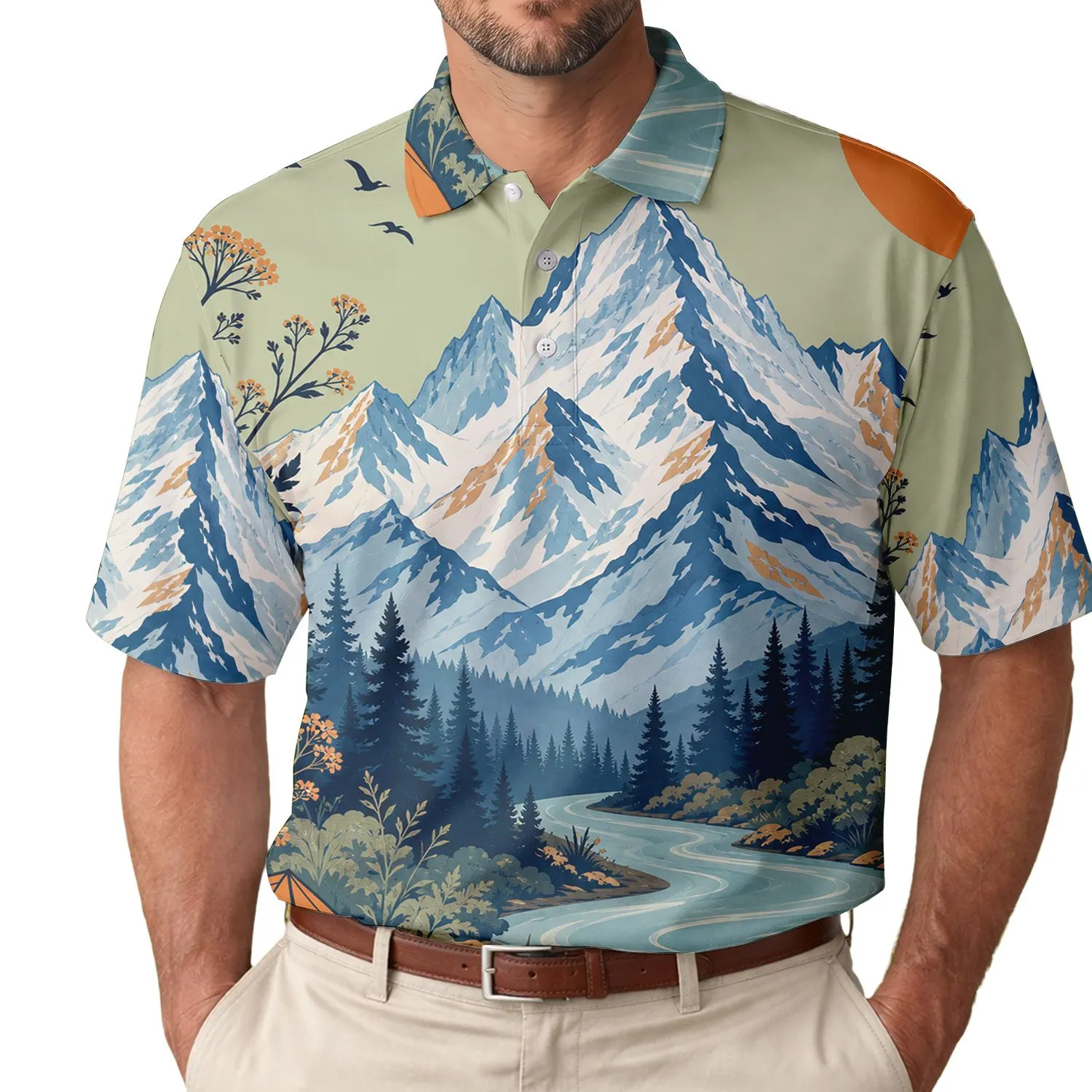 Alpine Mountain Camping Tent River Scene For Hiking Trips And Outdoor Adventure Lovers Men's Polo Shirt - 1