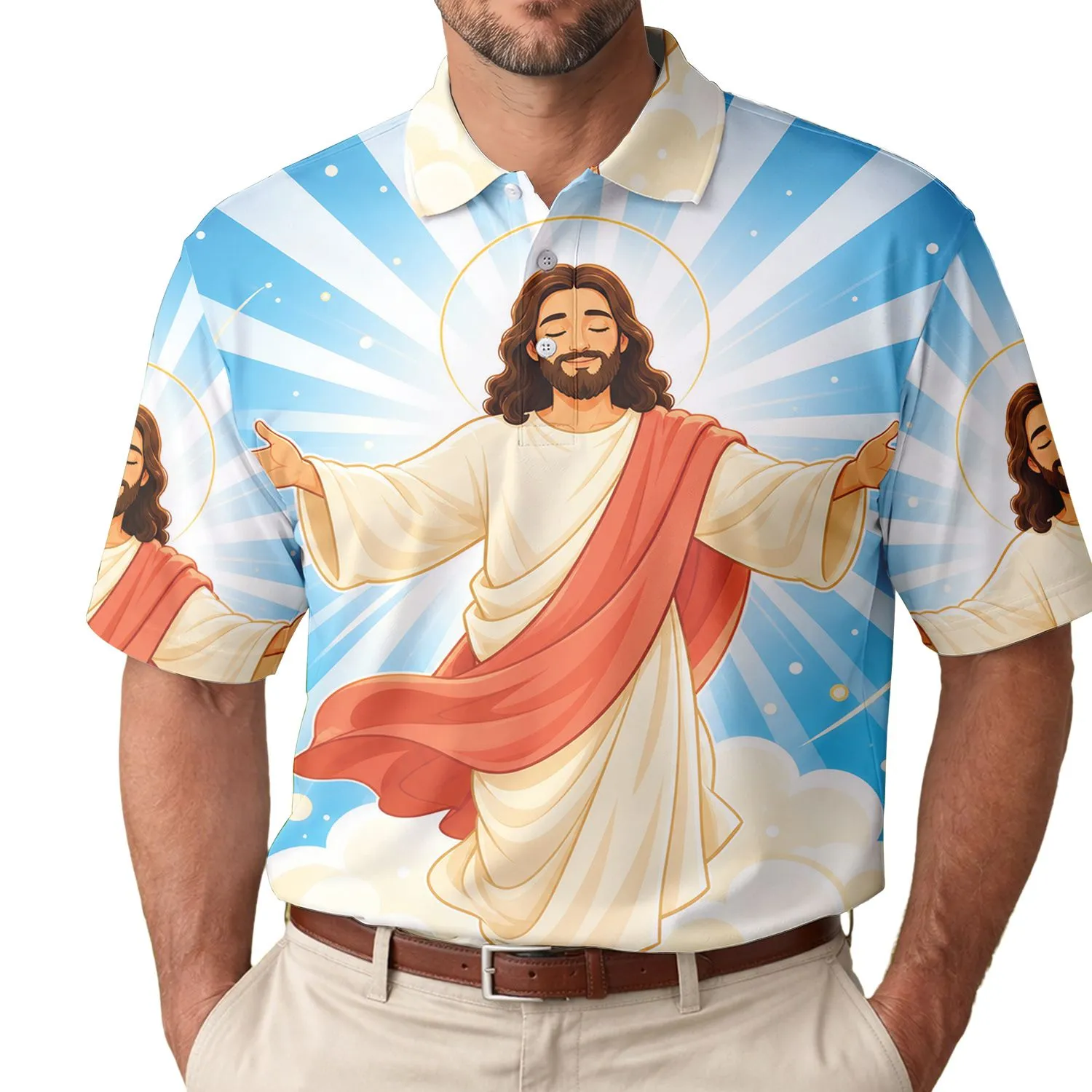 Jesus With Halo And Cloud For Church Gatherings, Faith Gifts And Casual Summer Wear Men's Polo Shirt - 1
