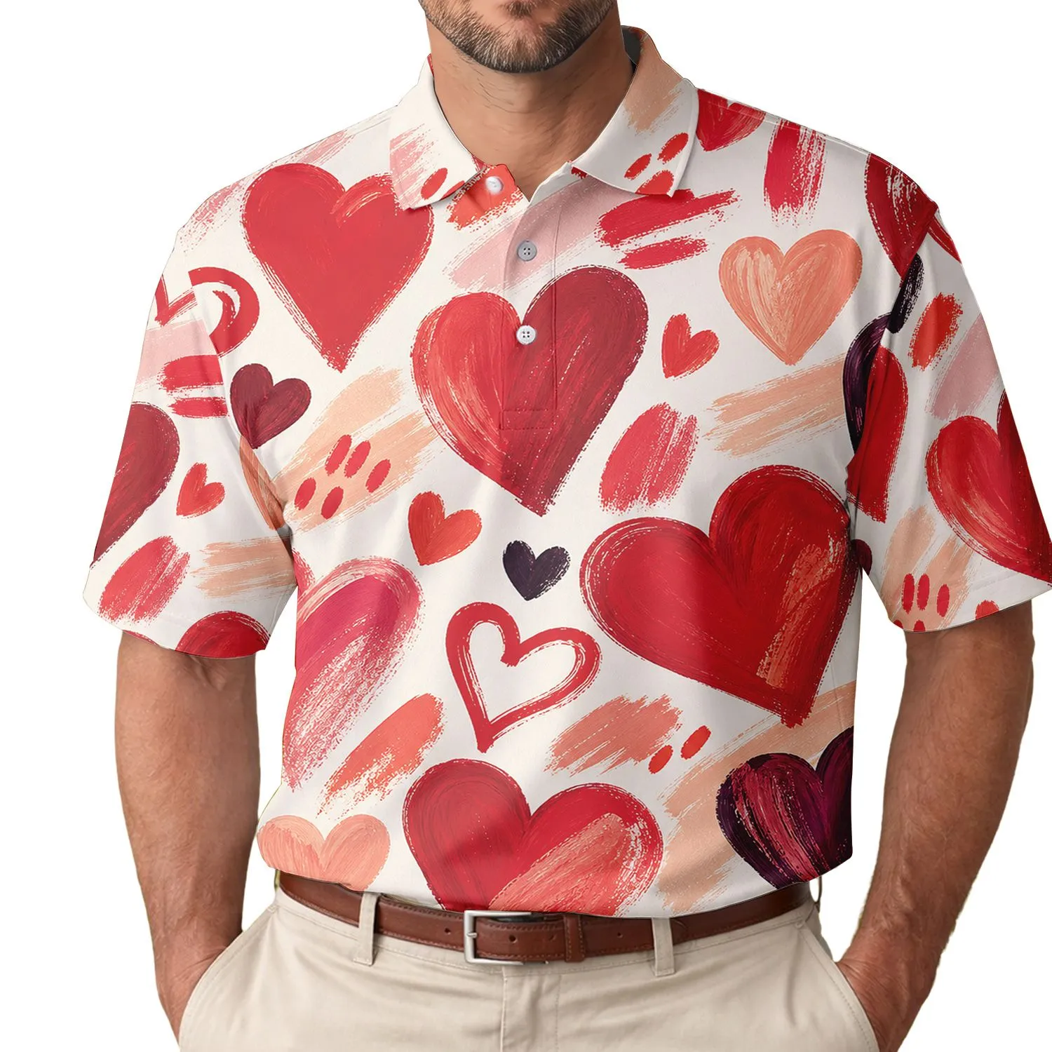 Hand Painted Red Hearts for Valentines Day Date Nights and Romantic Everyday Style Men's Polo Shirt - 1