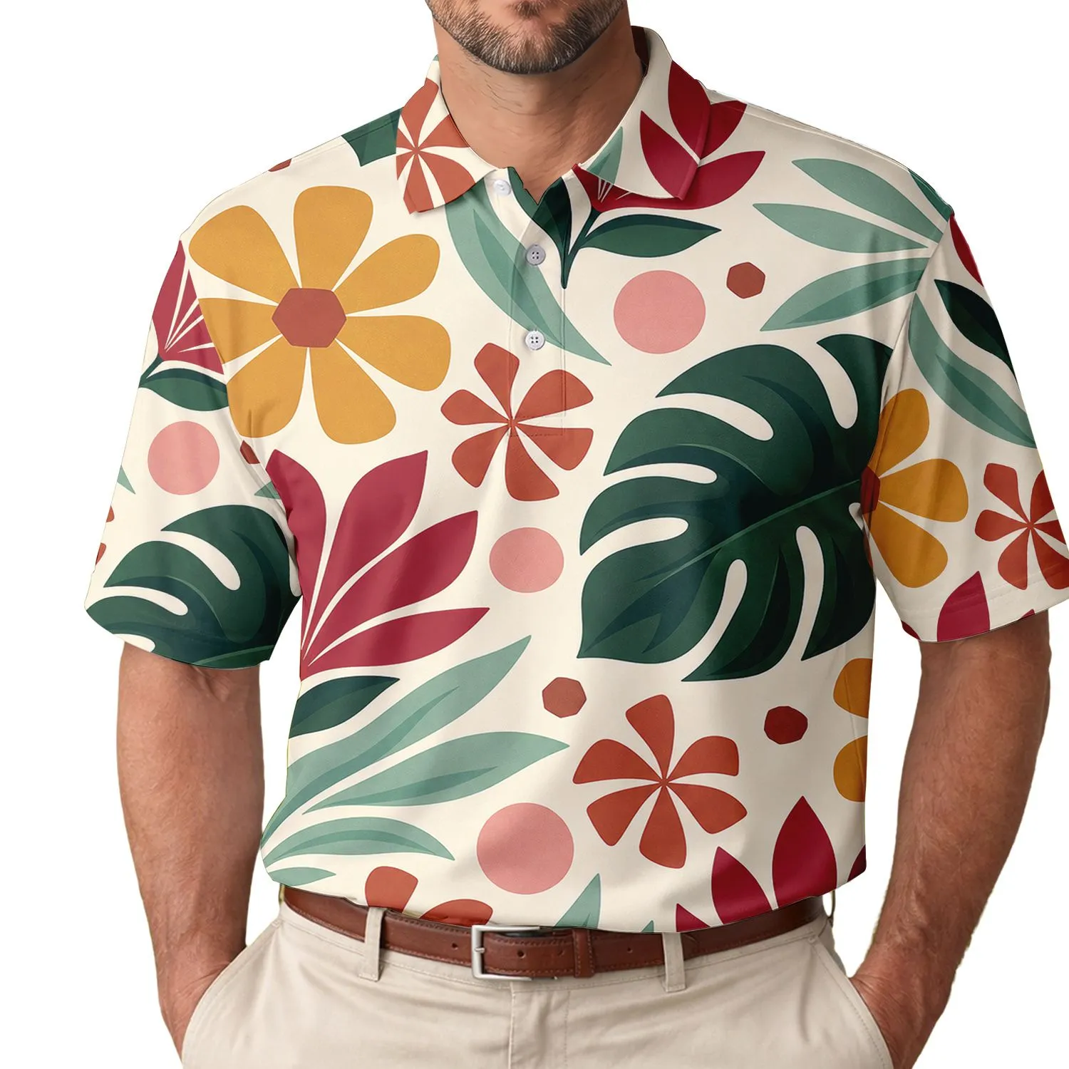 Mid-Century Tropical Florals And Green Leaves For Beach Vacations And Resort Getaways Men's Polo Shirt - 1