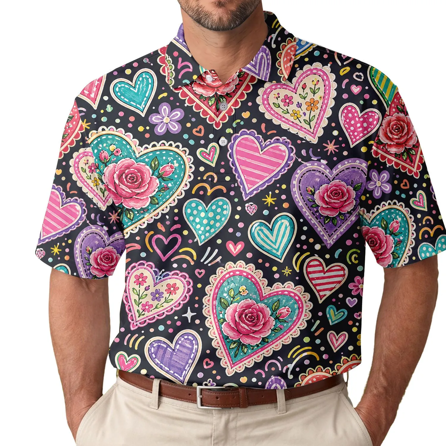 Colorful Doodle Hearts And Roses For Valentine's Day Parties, Dates, And Love Gifts Men's Polo Shirt - 1