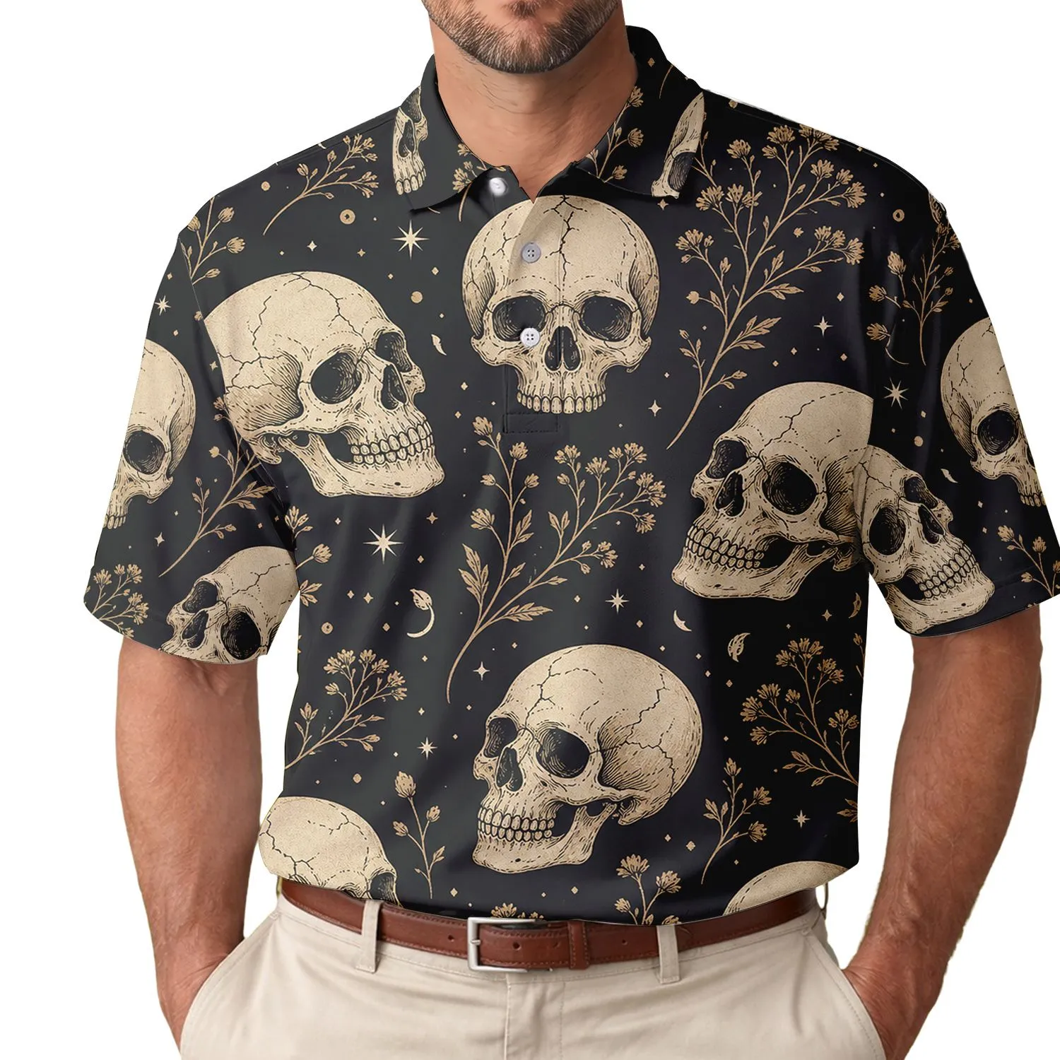 Vintage Skull And Wildflower Gothic Everyday Casual Wear For Alternative Style Fans Men's Polo Shirt - 1