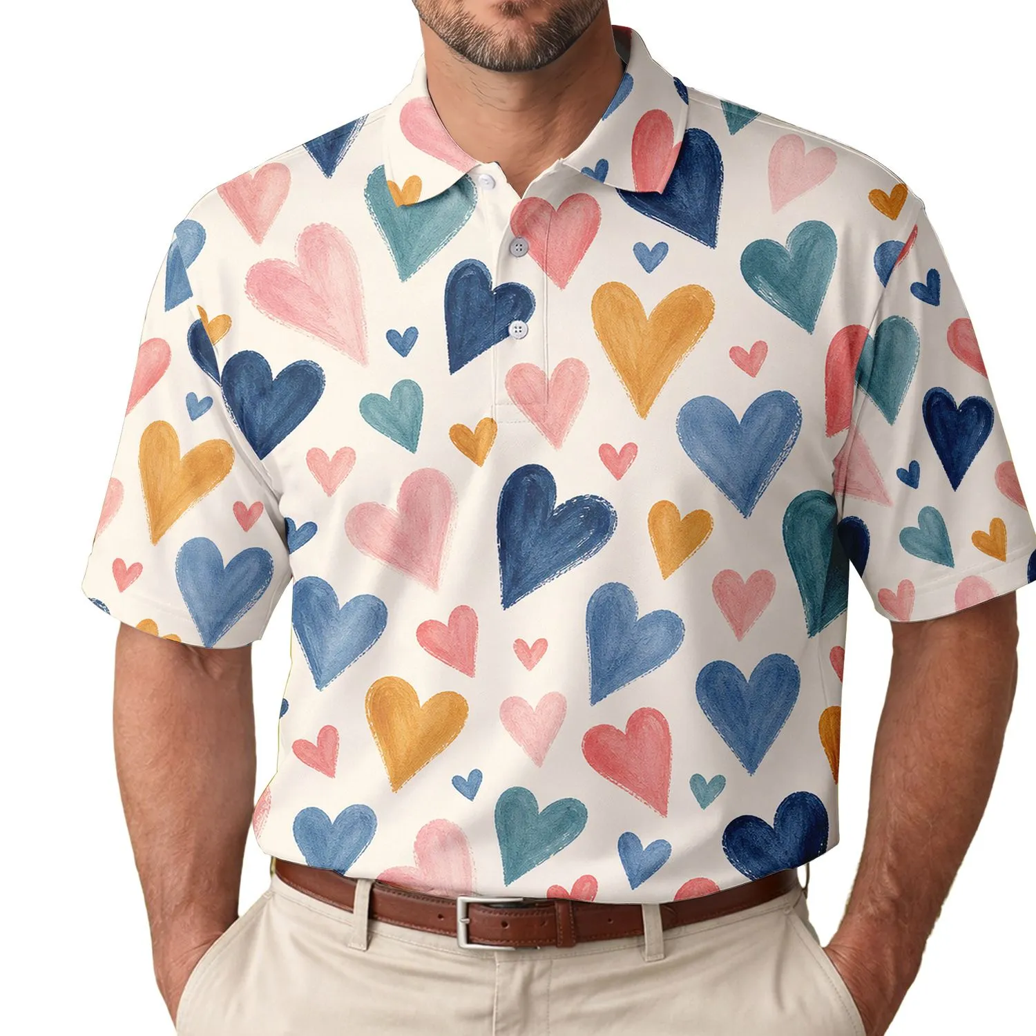 Hand Painted Navy Teal Pink Heart Scatter For Valentine's Day Weekend Casual Wear Men's Polo Shirt - 1