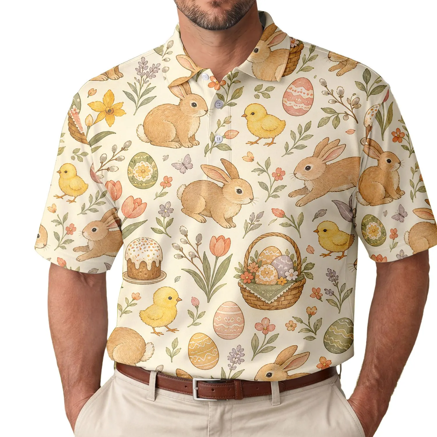 Easter Rabbits Chicks And Painted Eggs For Spring Brunches, Garden Parties And Men Men's Polo Shirt - 1