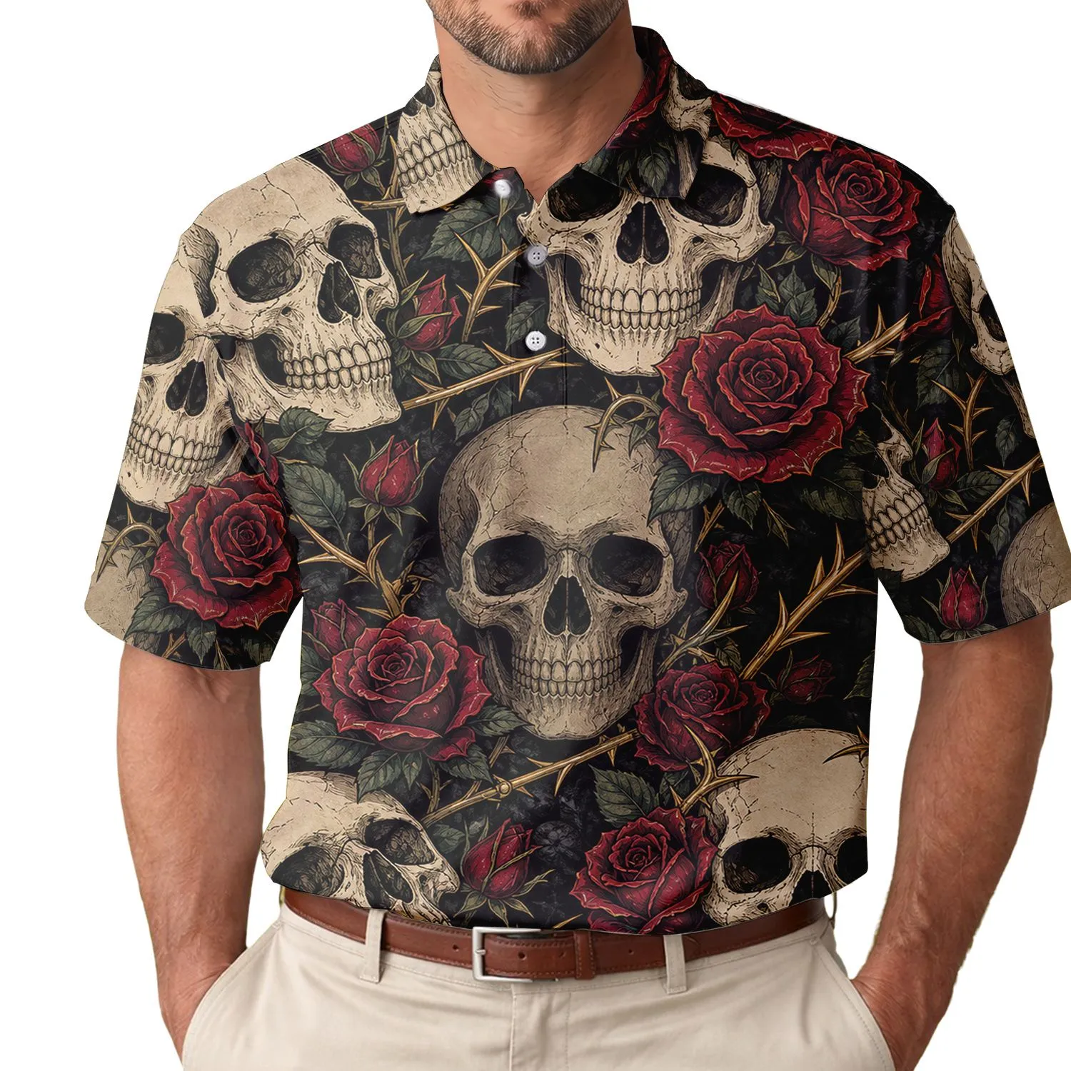 Ivory Skulls And Crimson Roses Gothic Streetwear For Date Nights And Rock Concerts Men's Polo Shirt - 1
